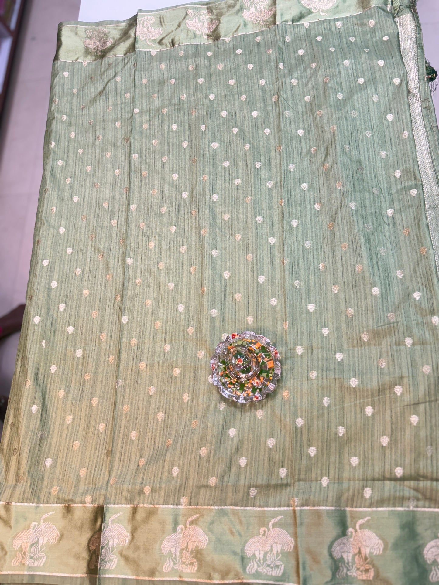 Tussar silk saree with satin border and zari woven motifs for women
