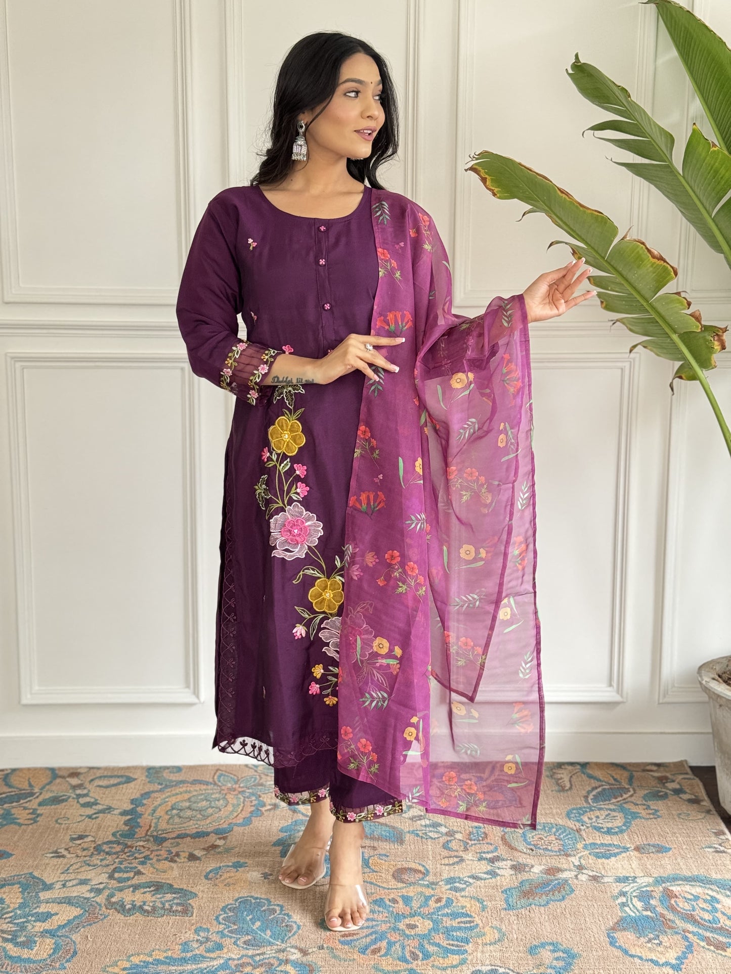 Chanderi Silk Embroidered Kurti Pant Set with Organza Printed Dupatta for Women