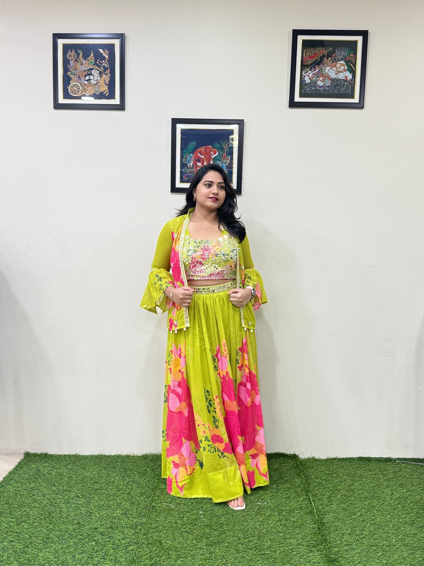 Faux Georgette Designer Lehenga Set with Mirror Work, Zari Detailing and Cowrie Shell Jacket