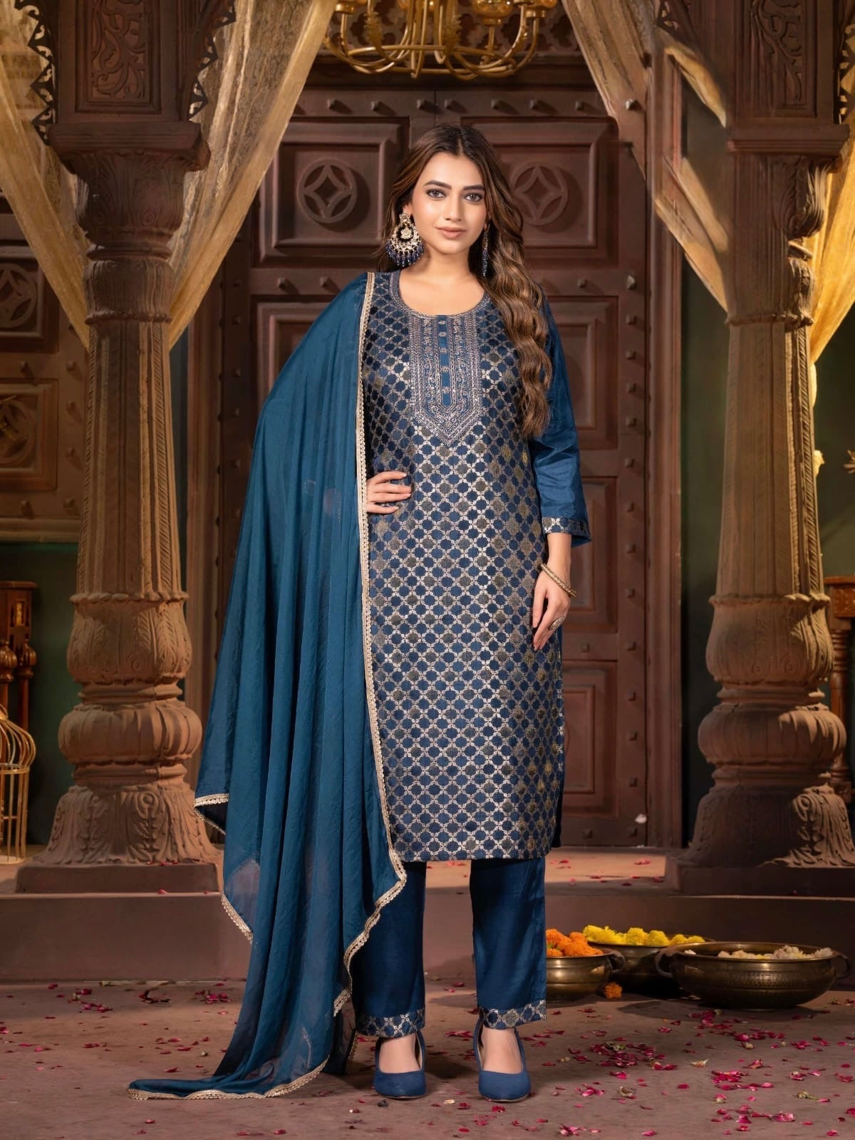 Russian Silk Jacquard Kurta Pant Dupatta Set with Chinon Dupatta – Plus Sizes XL to 3XL