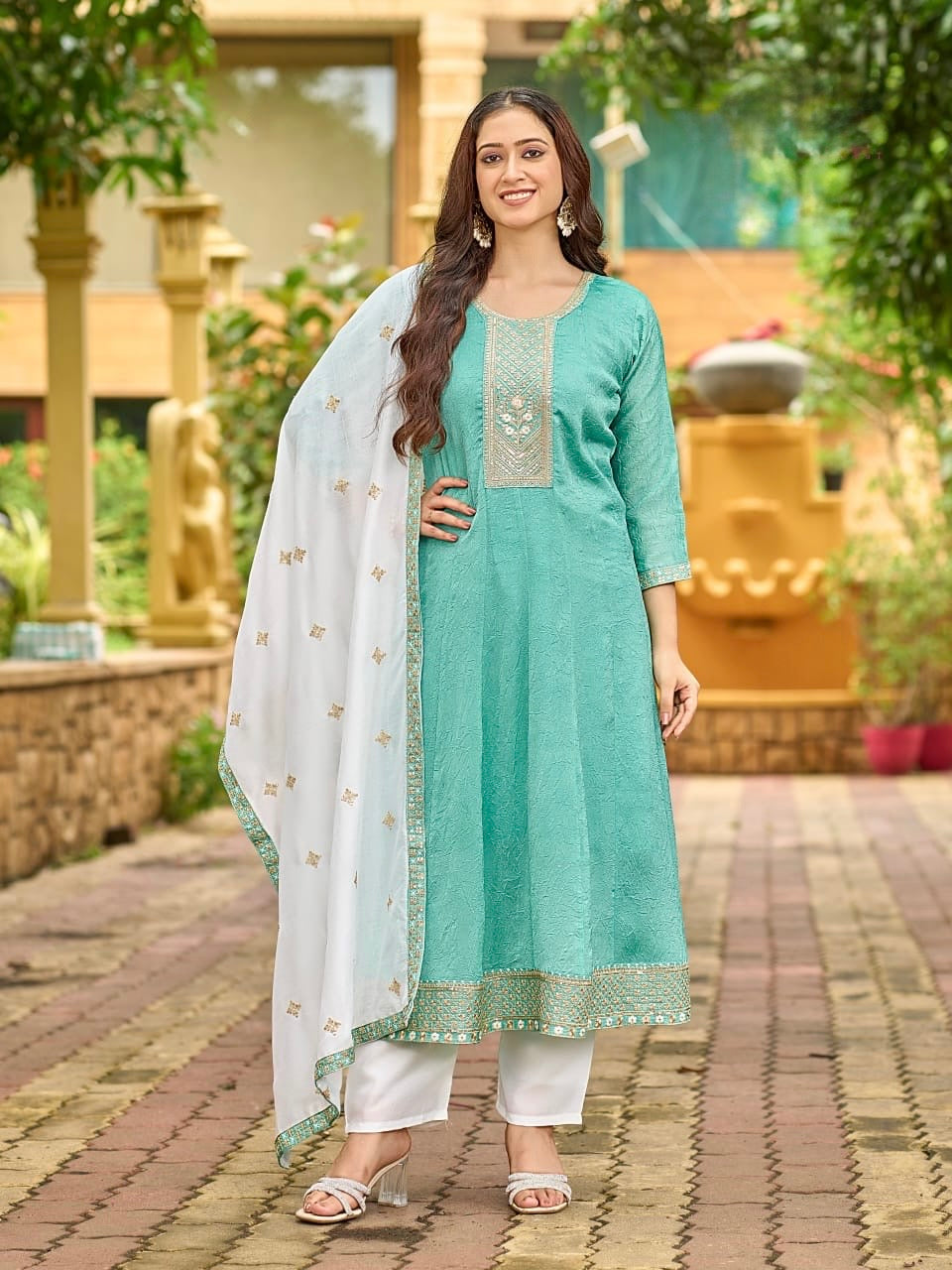 Flared 3-Piece Suit Set for Women in Fancy Fabric with Embroidered Dupatta – XL and XXL Sizes