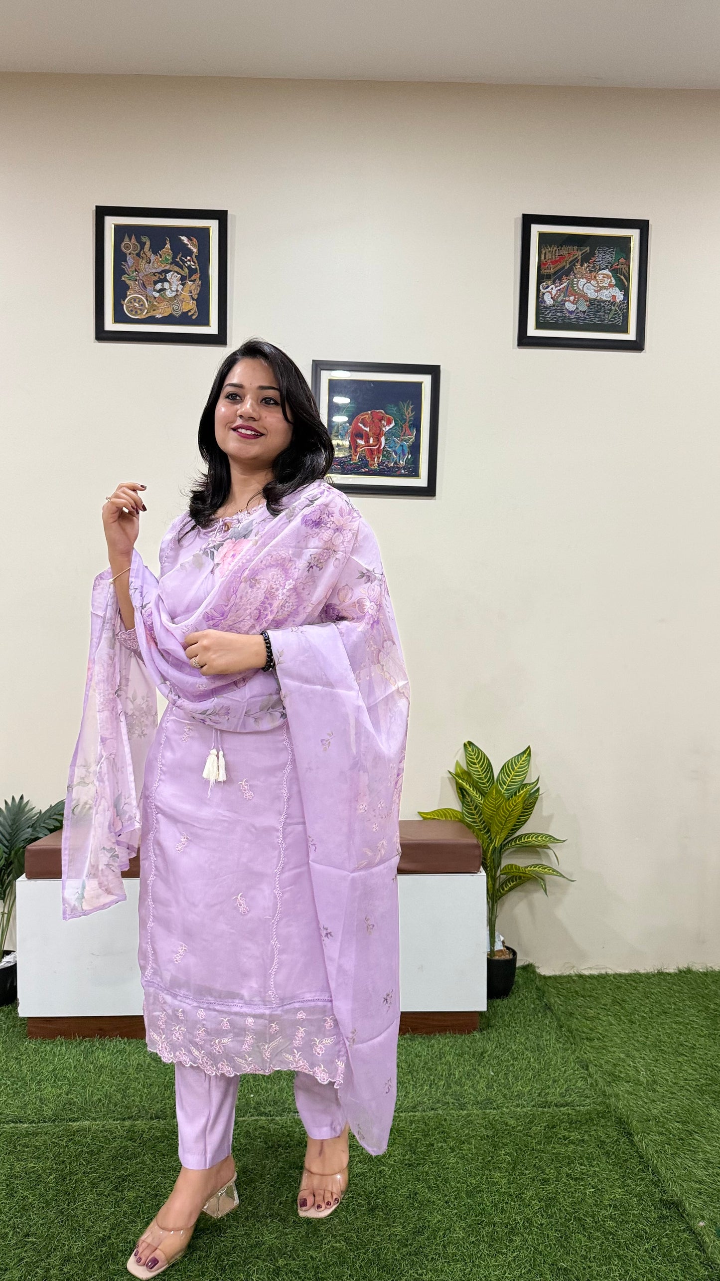 Women’s Organza Embroidered Suit Set with Viscose Silk Pant and Digital Print Dupatta – L to 3XL