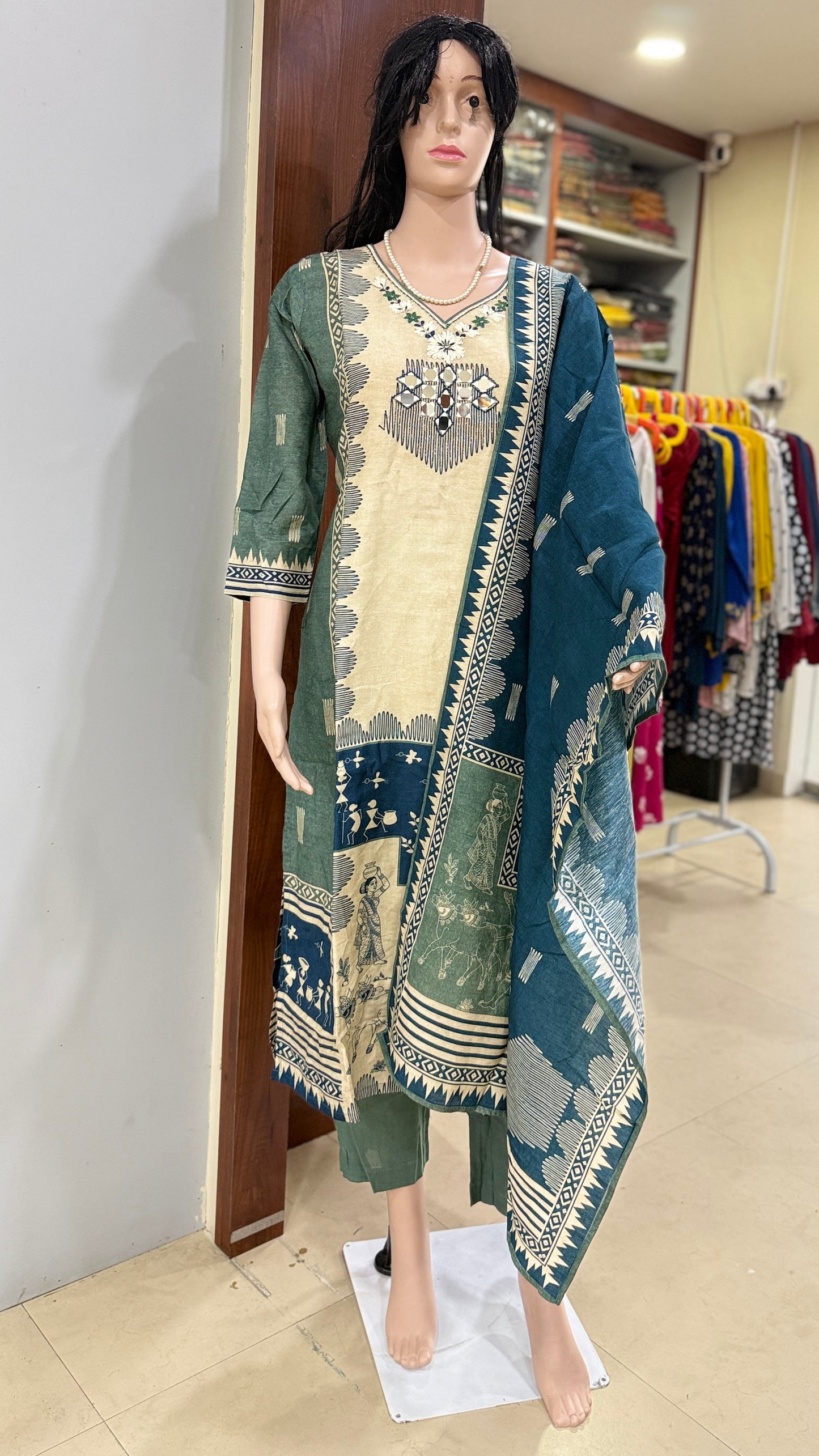 Linen silk kurta pant dupatta set for women with mirror and thread detailing, tribal print ethnic 3 piece set