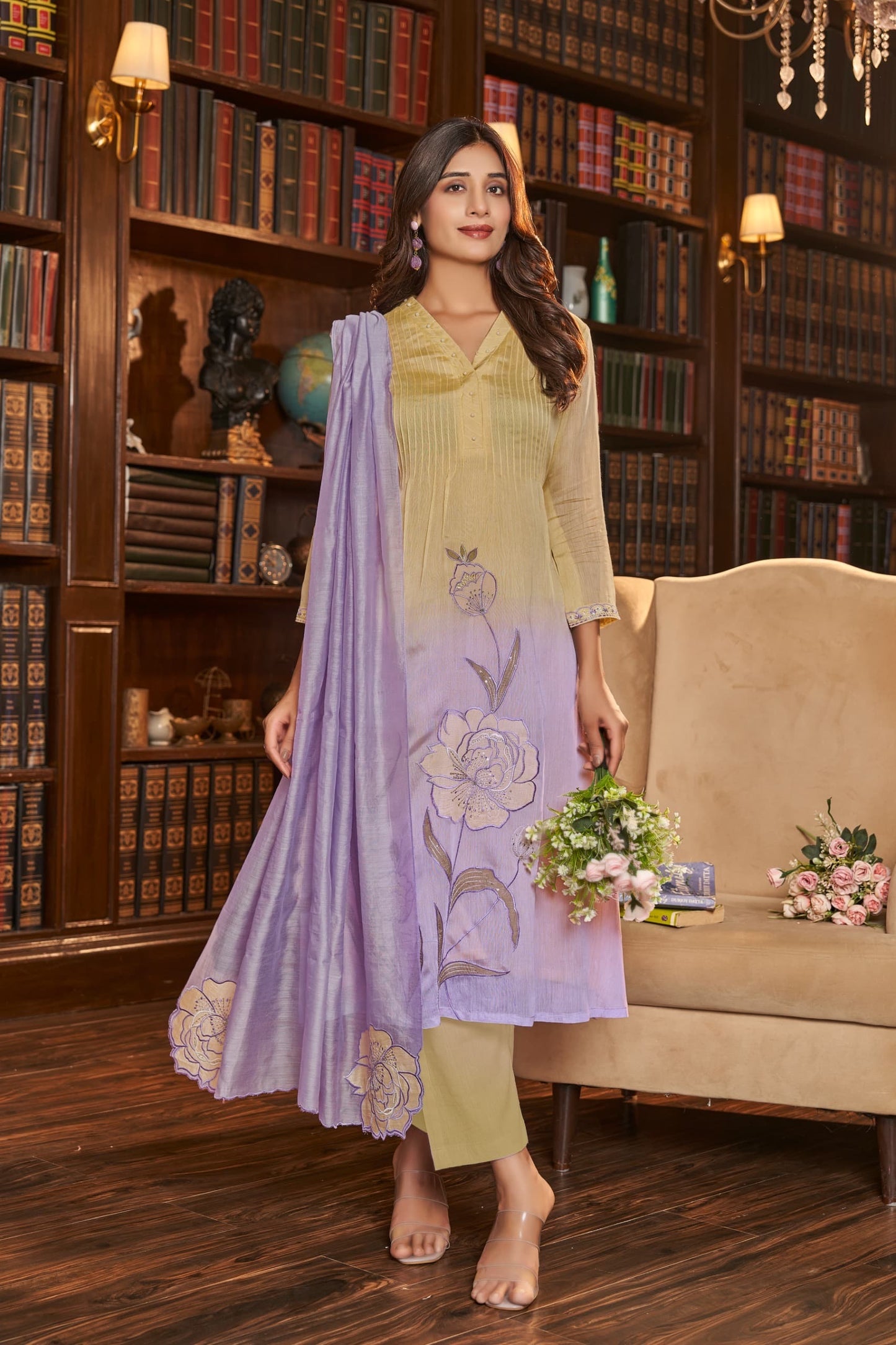 Mal Chanderi Kurta Pant Dupatta Set with Ethnic Detailing Work for Women