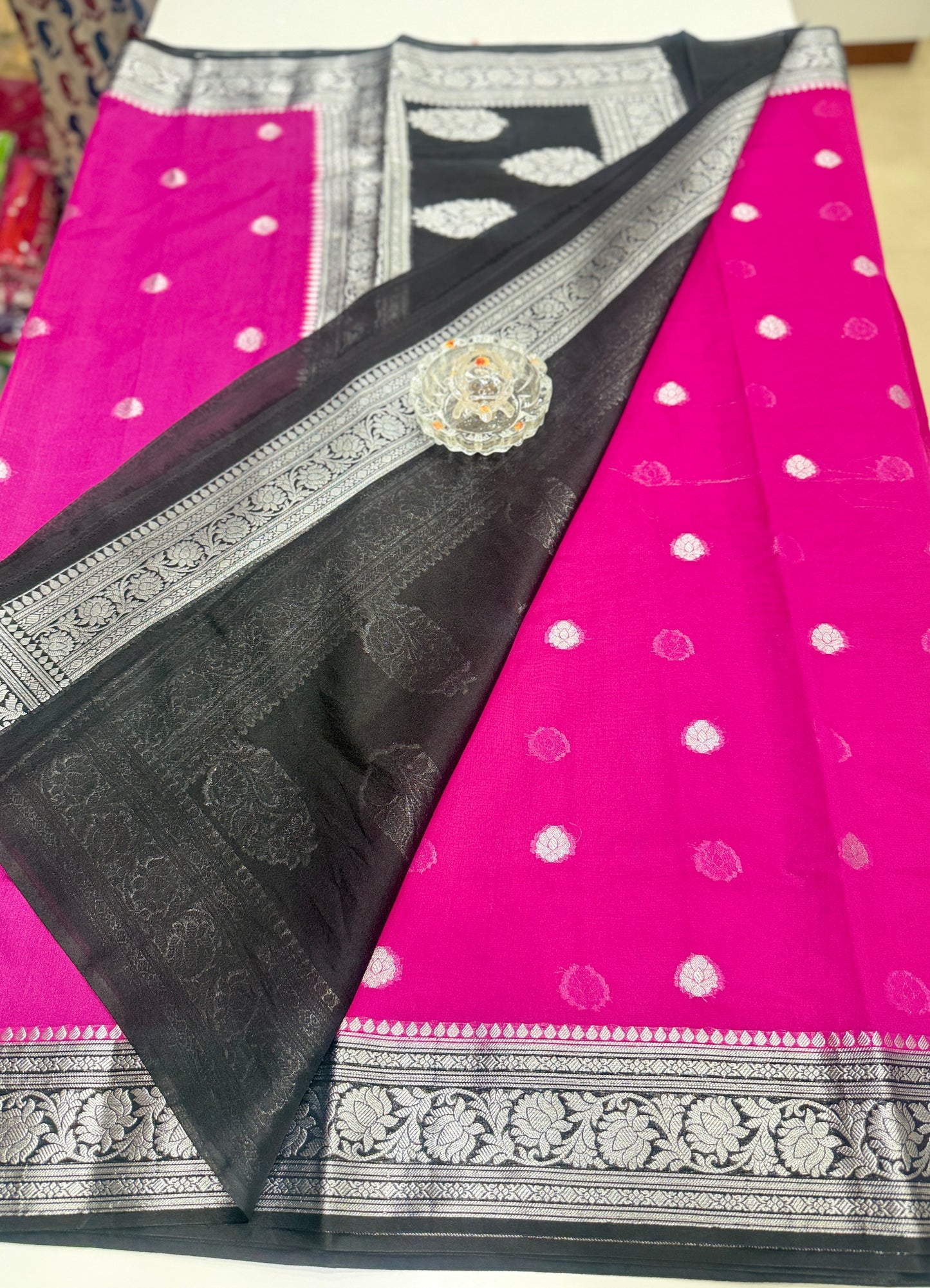 Banarasi semi georgette silk saree with silver zari buti design, contrast pallu and woven border for women