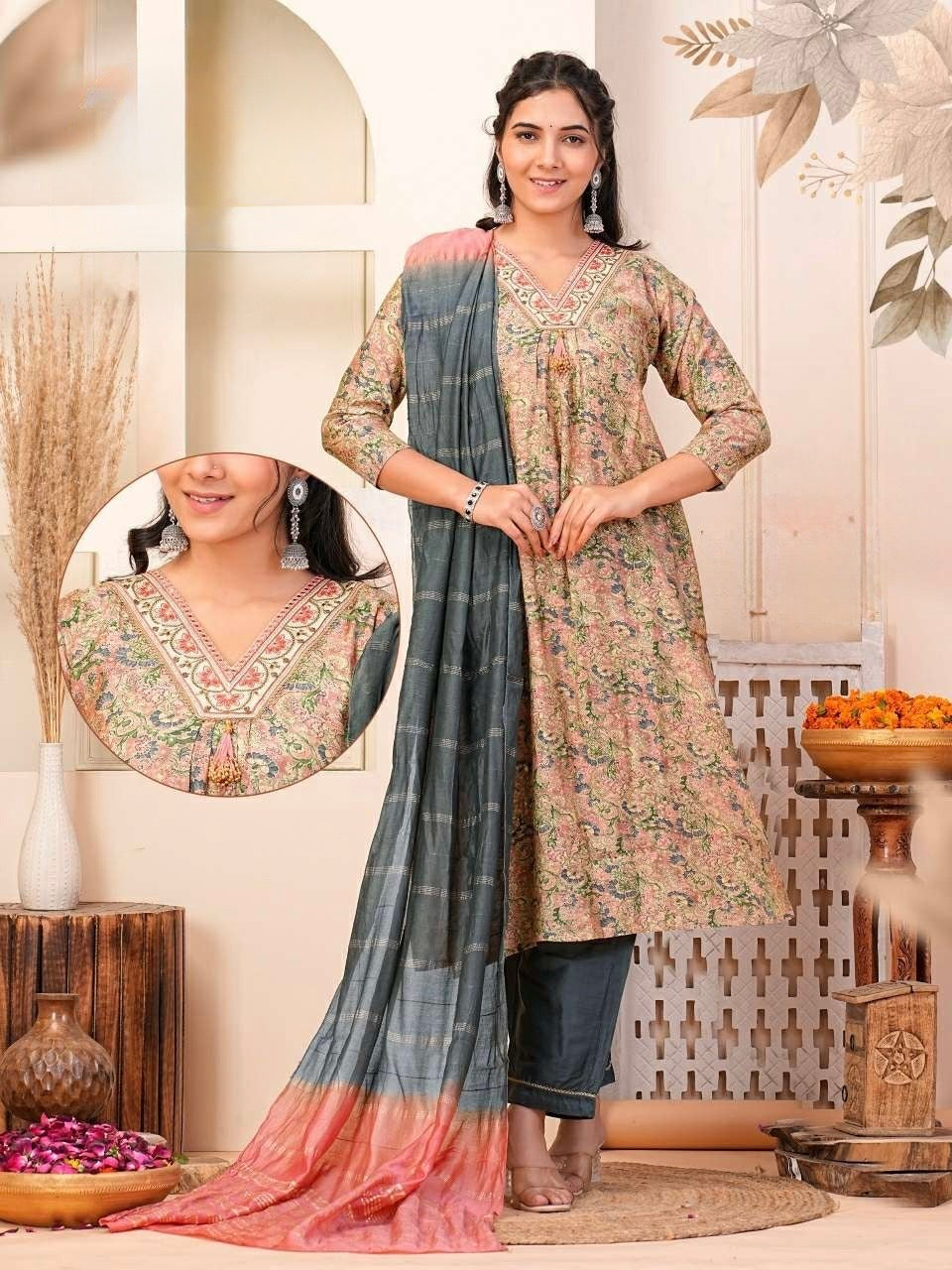Nyra Cut Chanderi Modal Kurti Set with Silk Bottom and Jacquard Dupatta – Plus Size 2XL to 4XL
