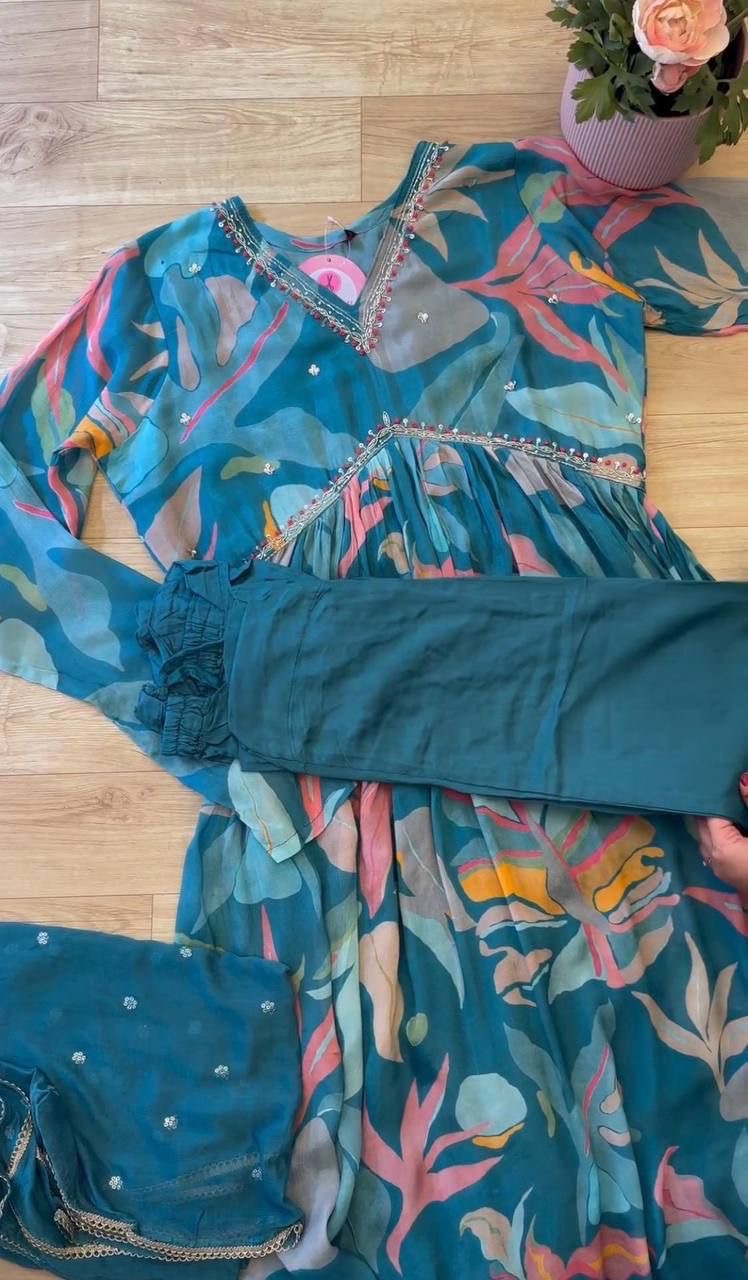 Women’s Chinnon Fabric Alia Cut Salwar Suit Set with Printed Design & Matching Dupatta