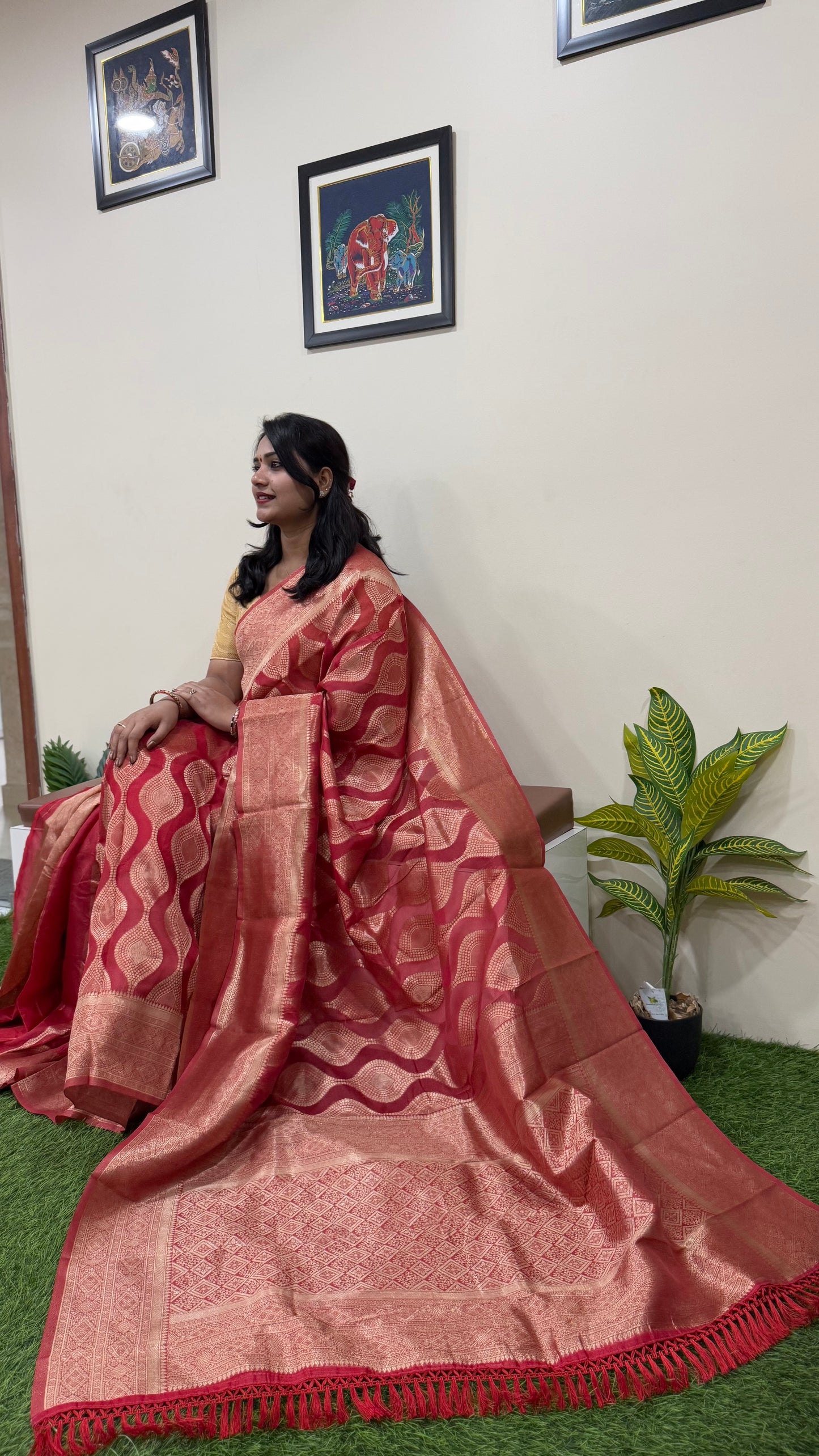 Red Organza Silk Saree with Zari Weaving and Contrast Border for Women