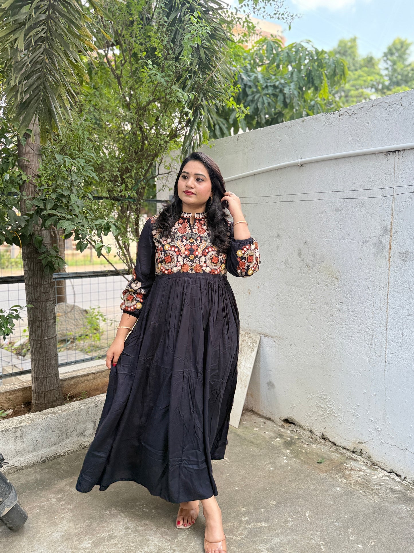 Embroidered Black Cotton Blend Long Kurta Dress with Yoke and Sleeve Work for Women