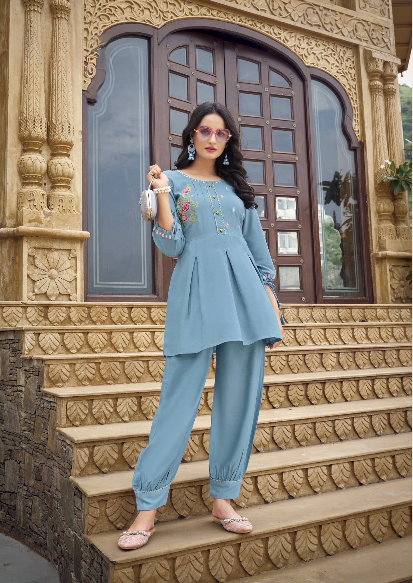 Viscose rayon co-ord set for women with short kurti and Afghani pant in thread and handwork – ethnic fusion wear