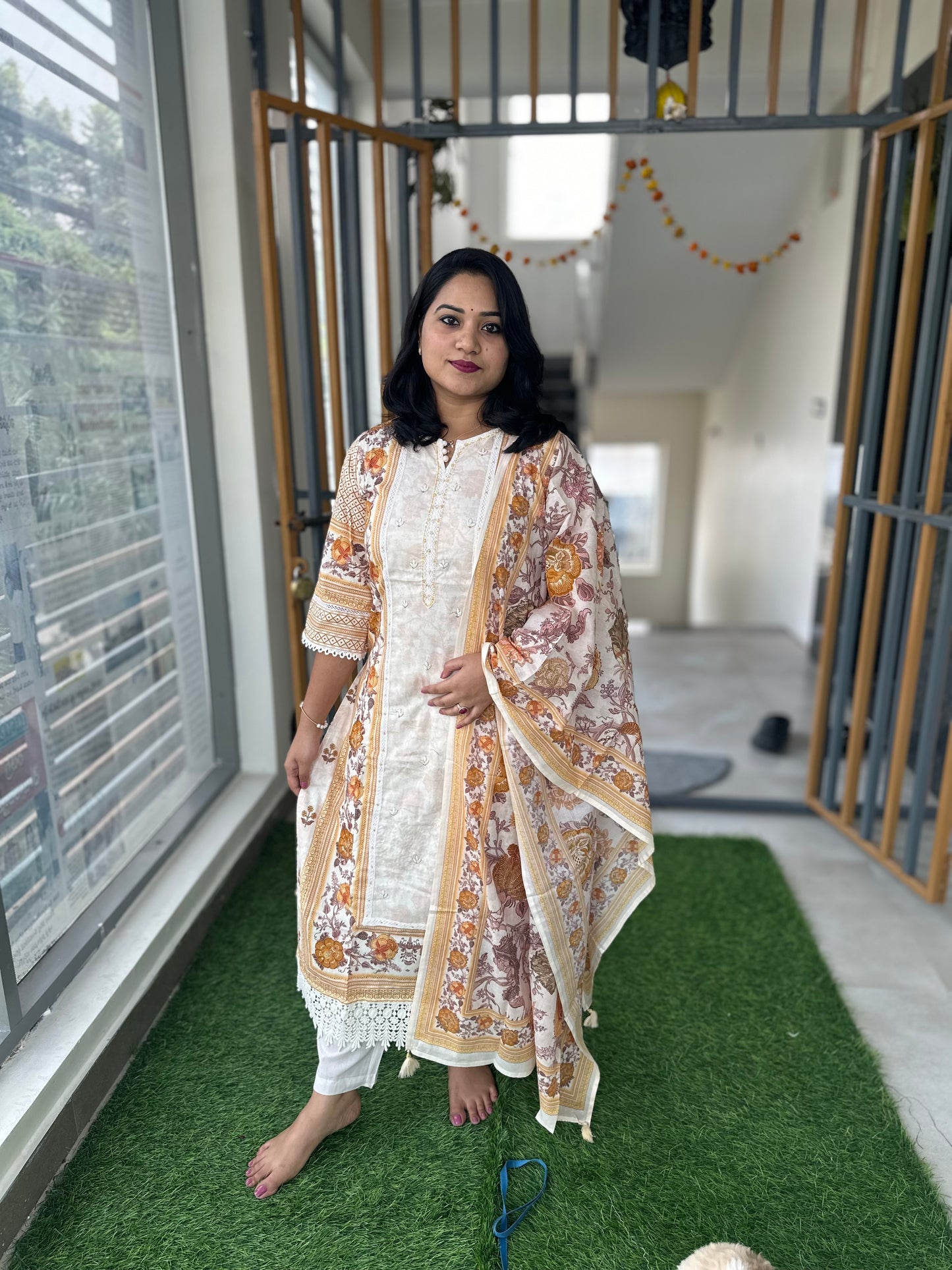 Women’s Pakistani Cotton Suit Set with Panel Print, Lace Detailing and Tassel Dupatta – Soft Pastel