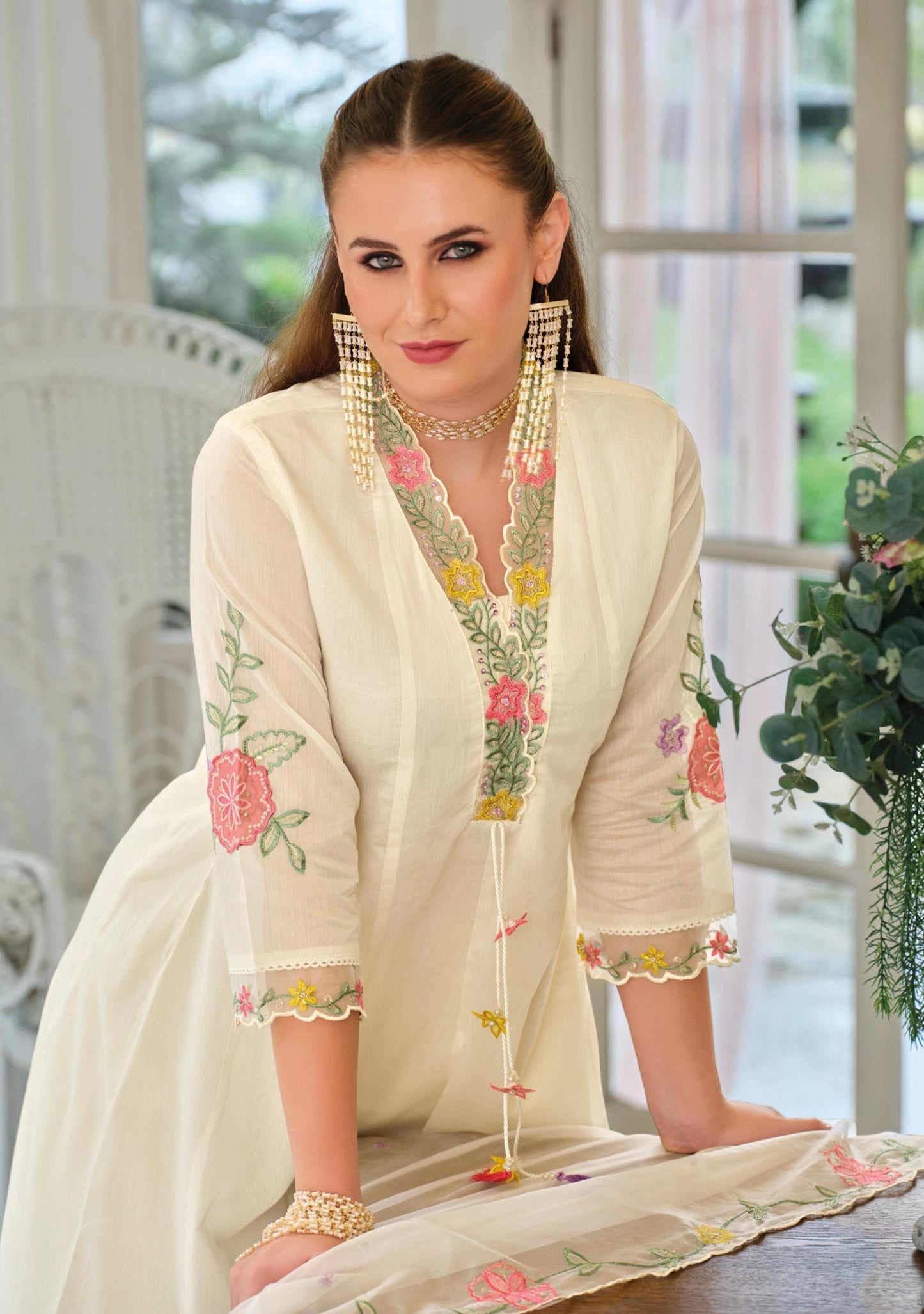 Pure Mul Chanderi Three-Piece Suit Set with Designer Thread and Handwork – Sizes XL and 2XL