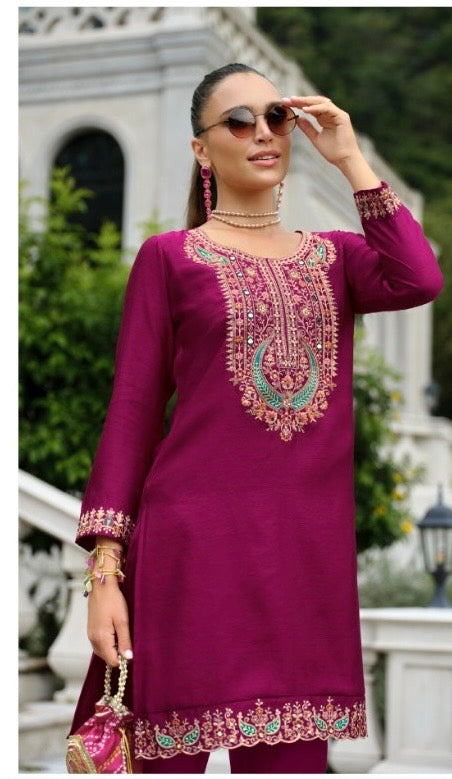 Pure Tussar Silk Co-Ord Set with Embroidery and Handwork – Festive Wear for Women in XL to 3XL