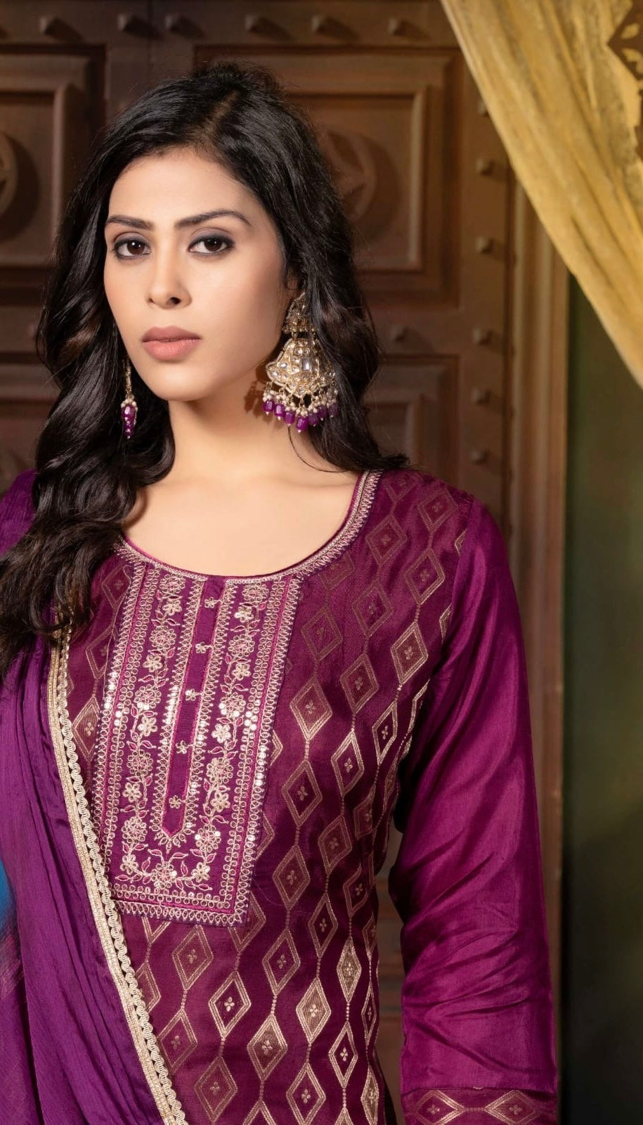 Russian Silk Jacquard Kurta Pant Dupatta Set with Chinon Dupatta – Plus Sizes XL to 3XL