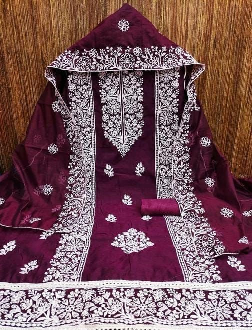 Unstitched Modal Embroidered Dress Material with Santoon Inner & Bottom and Modal Embroidered Dupatta