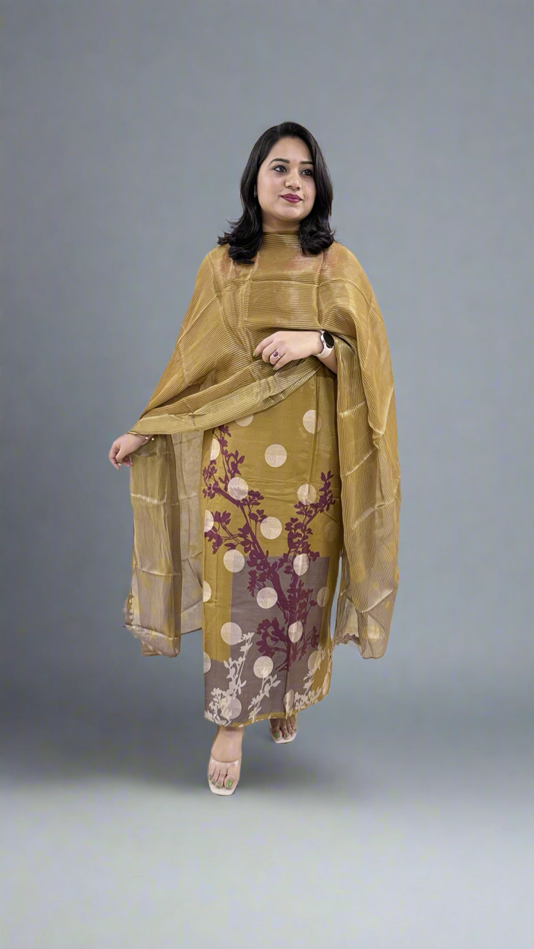 Unstitched Muslin Jacquard Dress Material with Digital Print, Canvas Satin Bottom and Silk Embroidered Dupatta