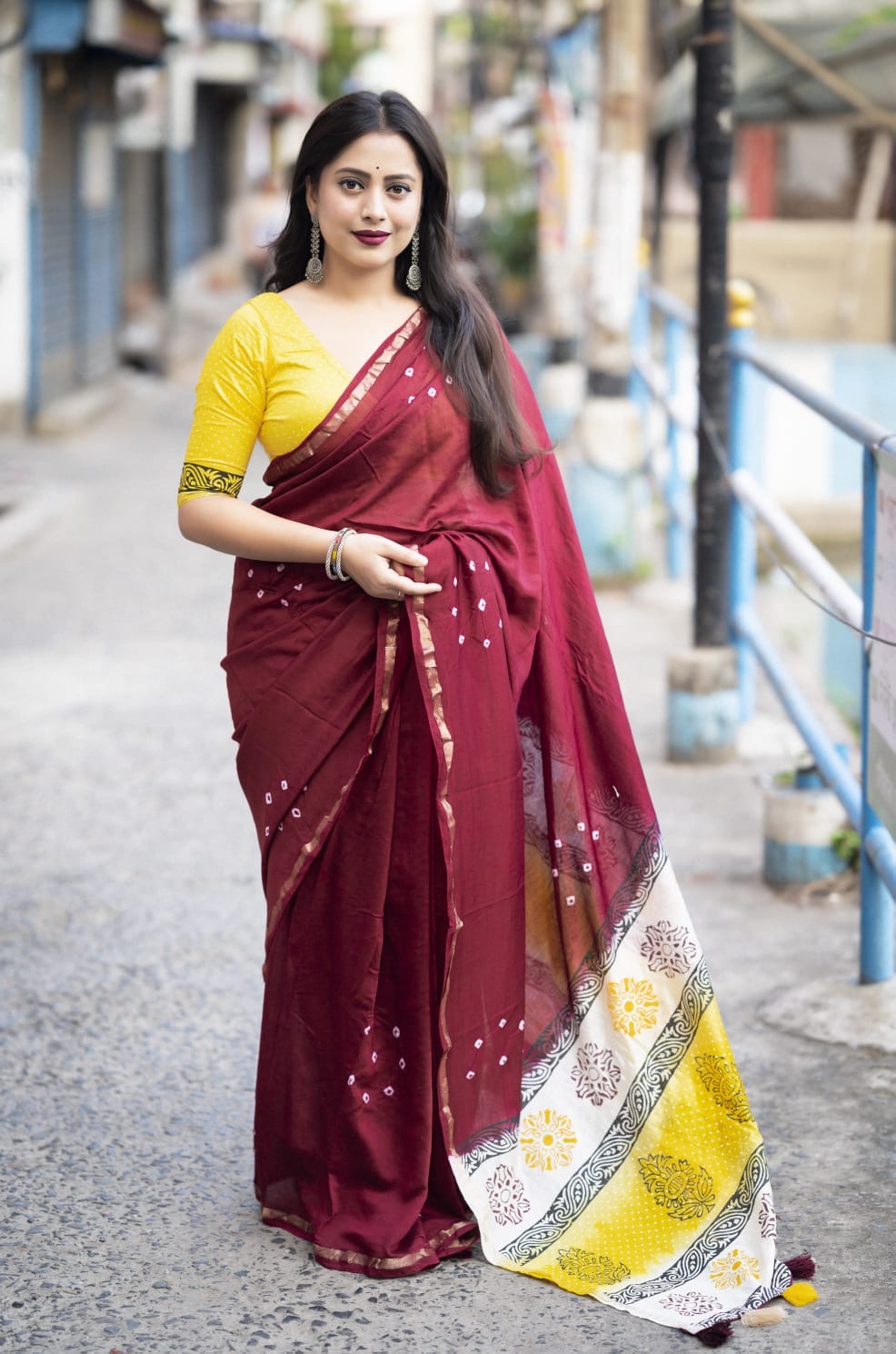 Chanderi Cotton Saree with Hand-Tied Bandhani and Block Printed Pallu – Festive Wear for Women