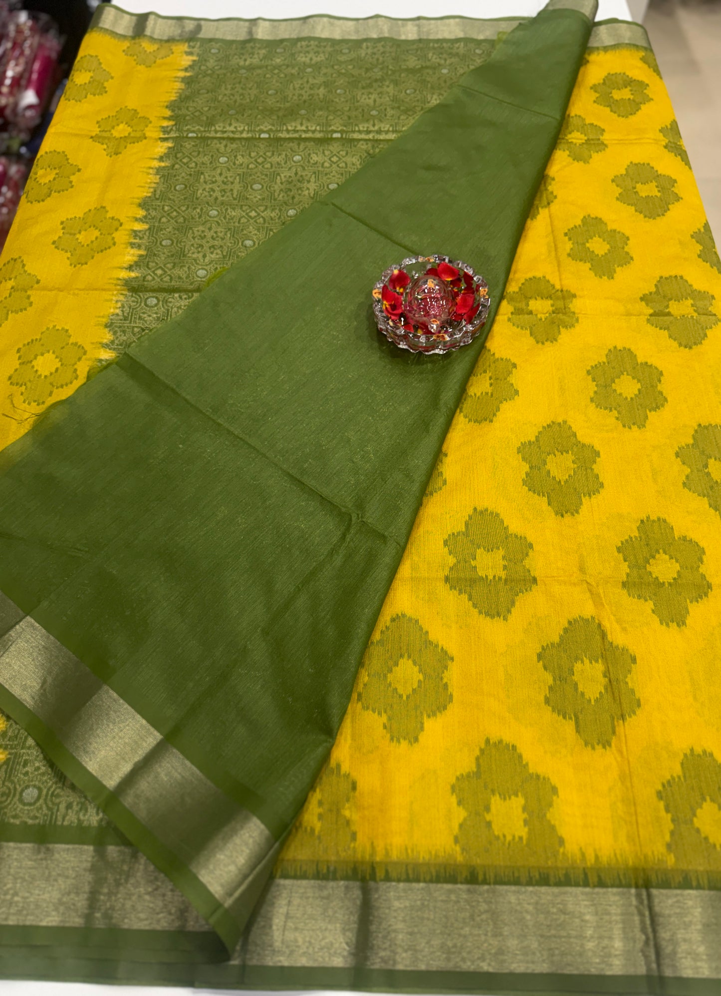Women’s woven saree with butta motifs, contrast pallu border and tassel pallu, traditional wear, multiple colors