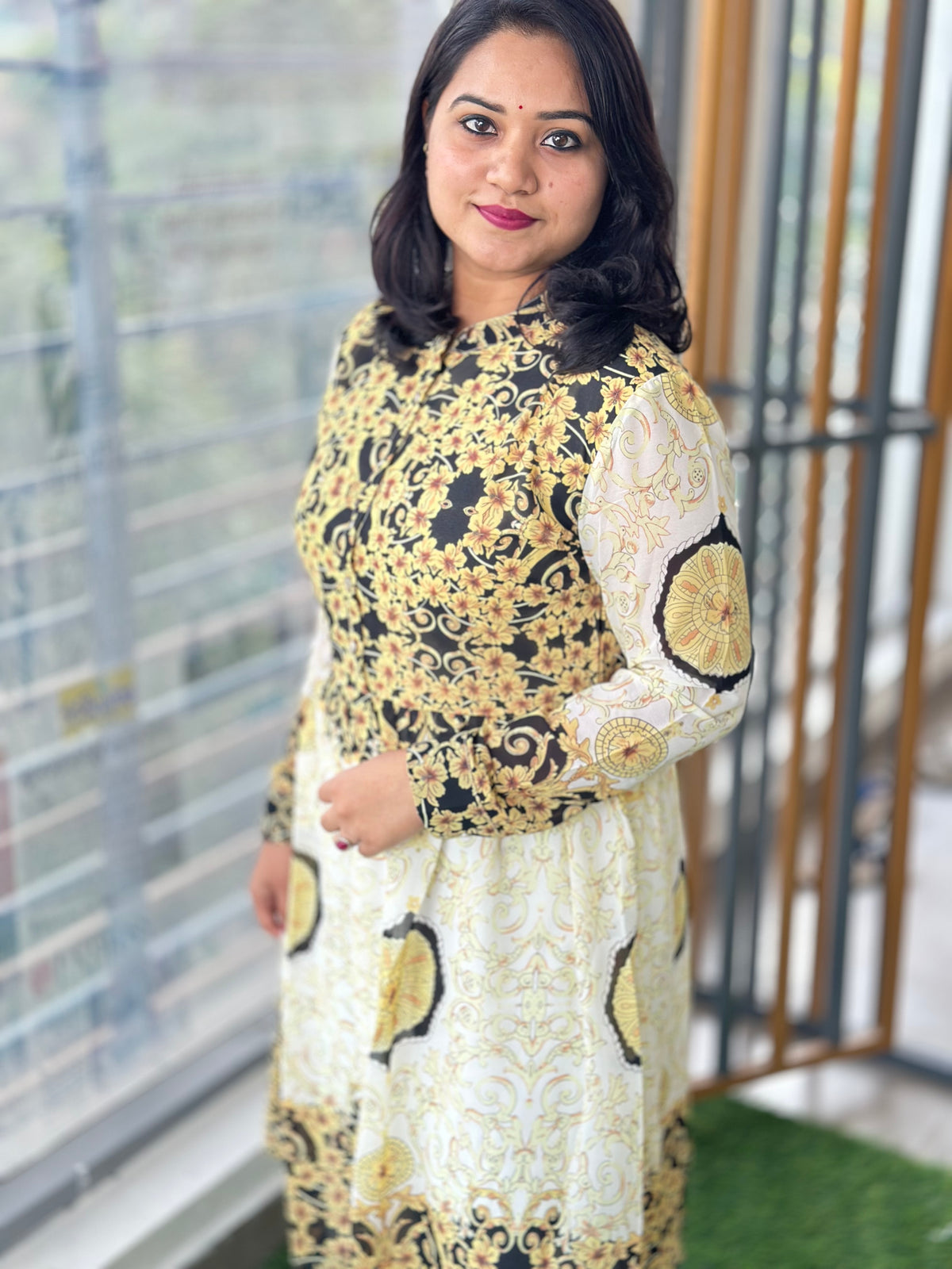 Women’s Indo-Western Chiffon Midi Dress with Digital Print and Flap Sleeves – Sizes 36 to 44