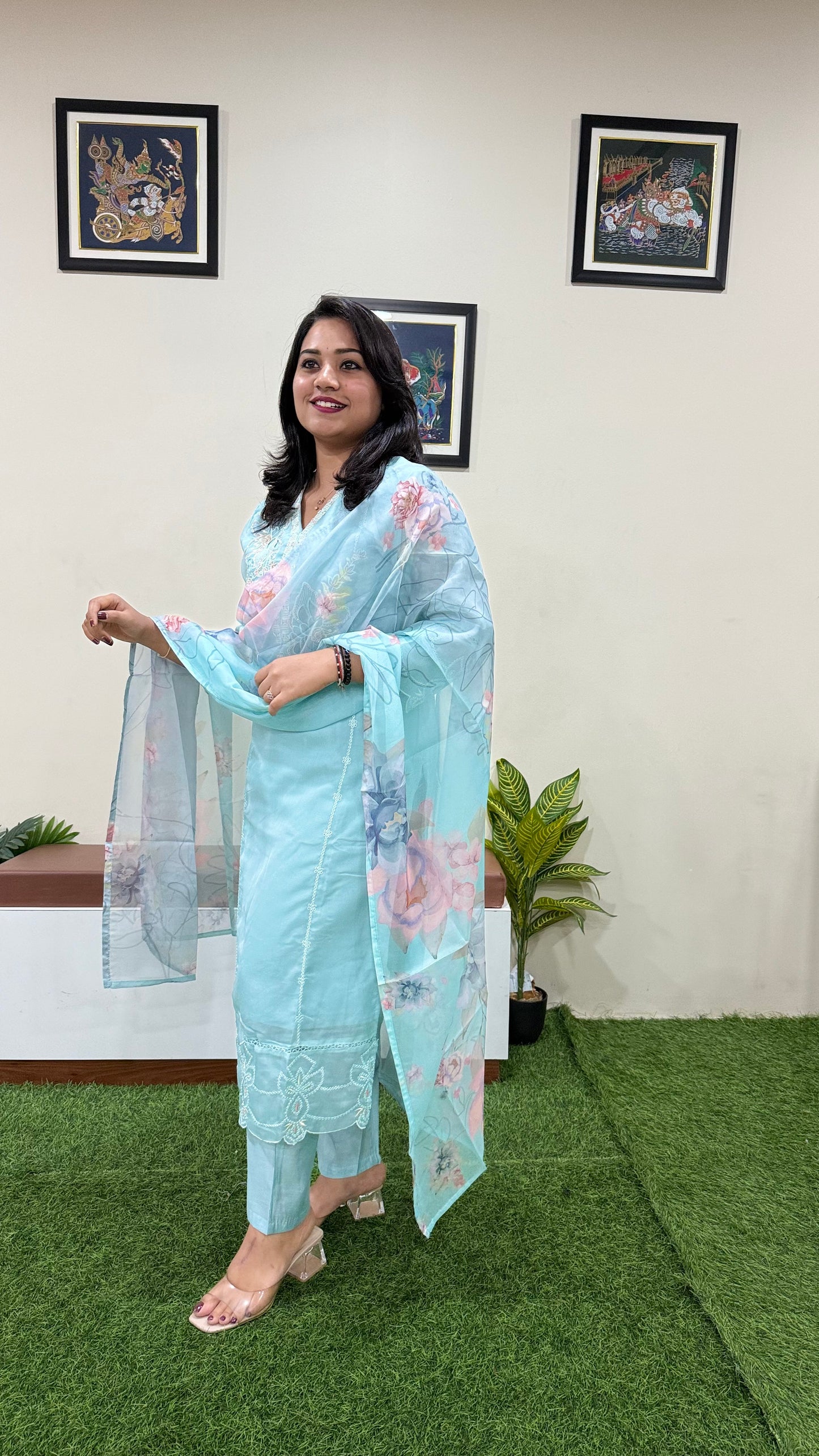 Women’s Organza Embroidered Suit Set with Viscose Silk Pant and Digital Print Dupatta – L to 3XL