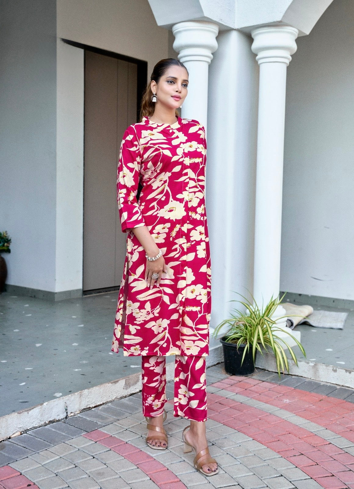 Heavy Viscose Printed Co-Ord Set with Mandarin Collar, Button Detailing, and Side Pocket – Ethnic Wear for Women (XL to 3XL)