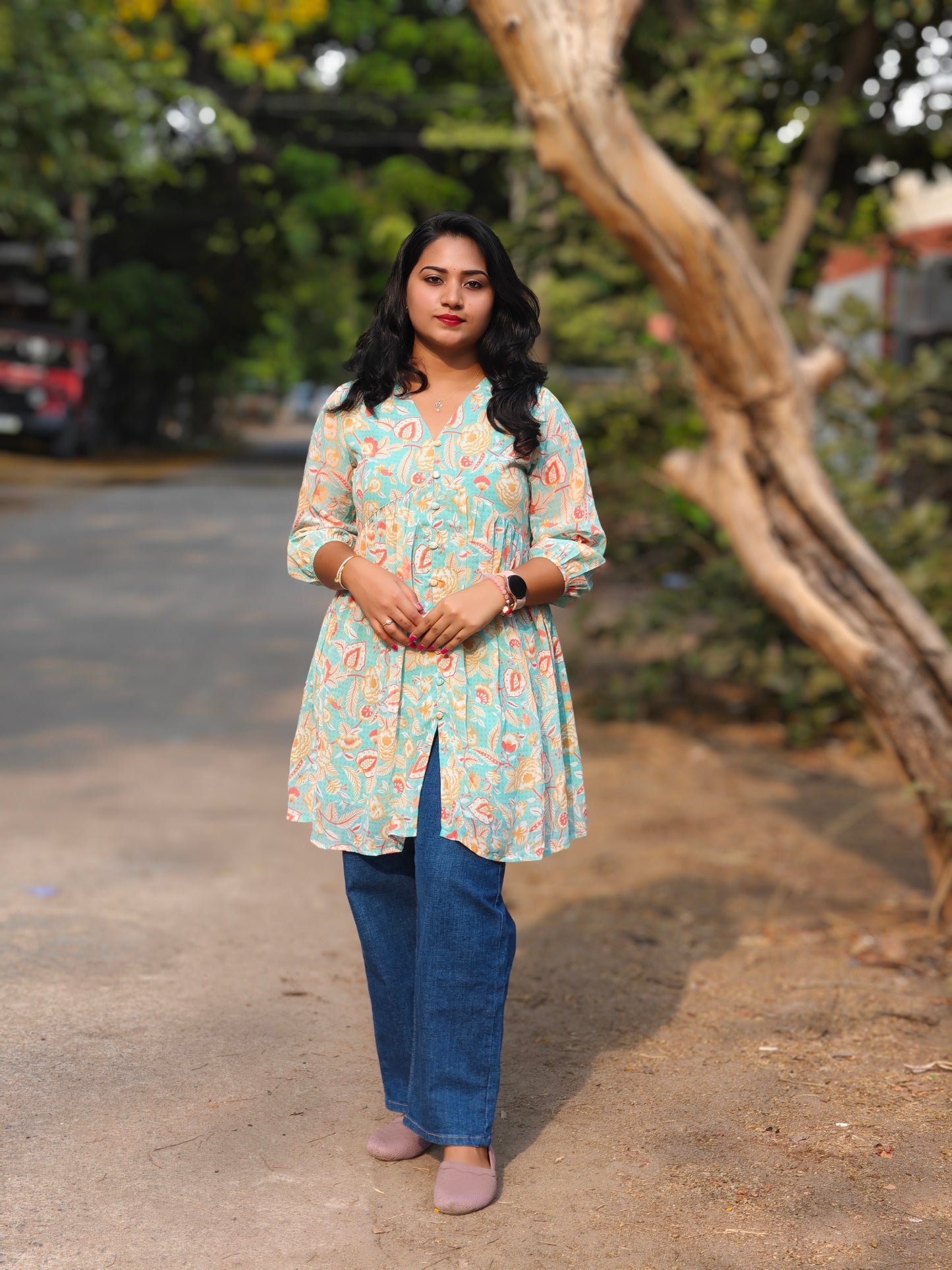 Sea Blue Georgette Floral Printed Gathered Tunic for Women – m to 3XL