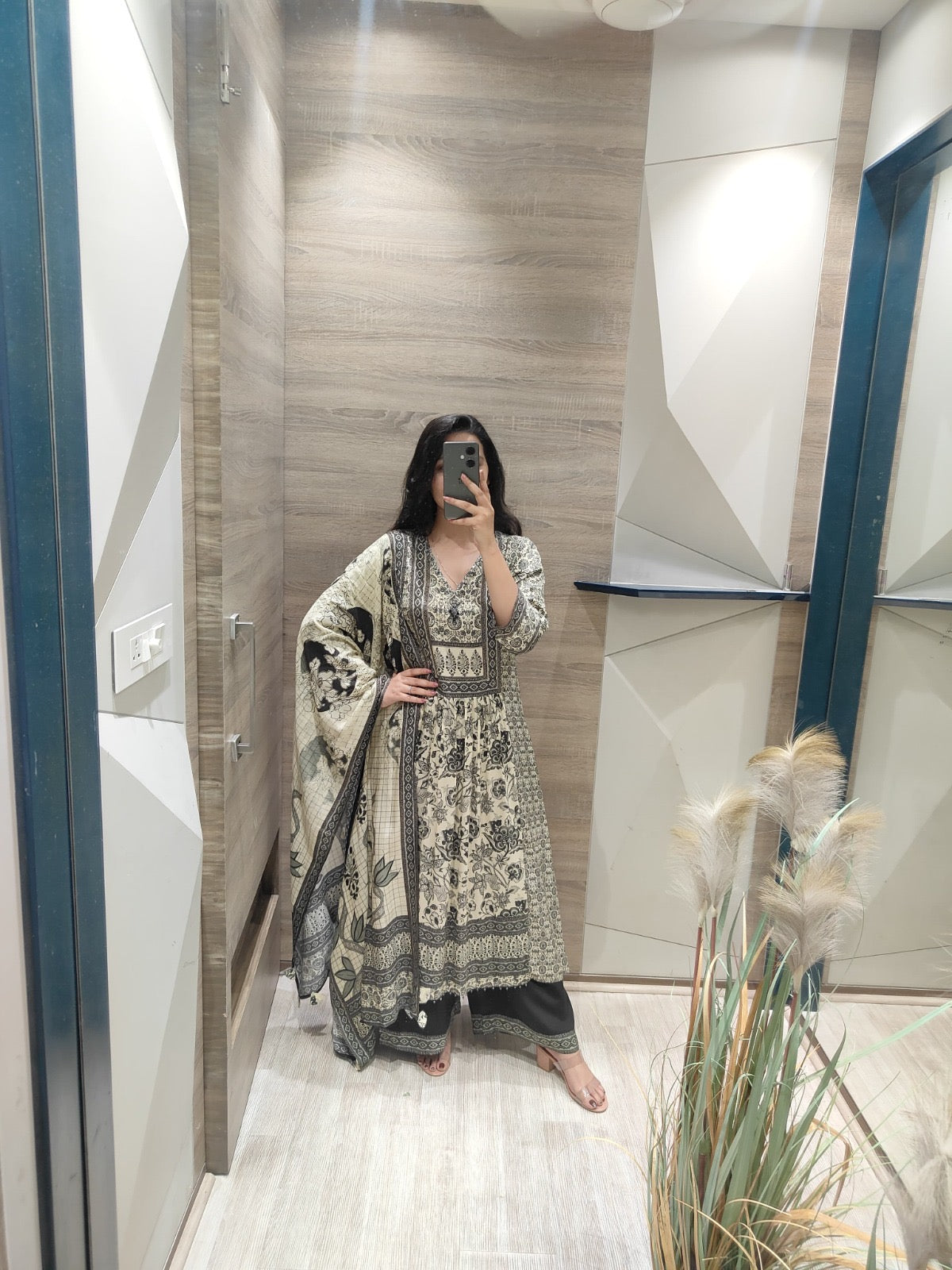 Women’s digital viscose silk kurta set with shantoon pant and muslin dupatta, sequin moti handwork, size 38–44