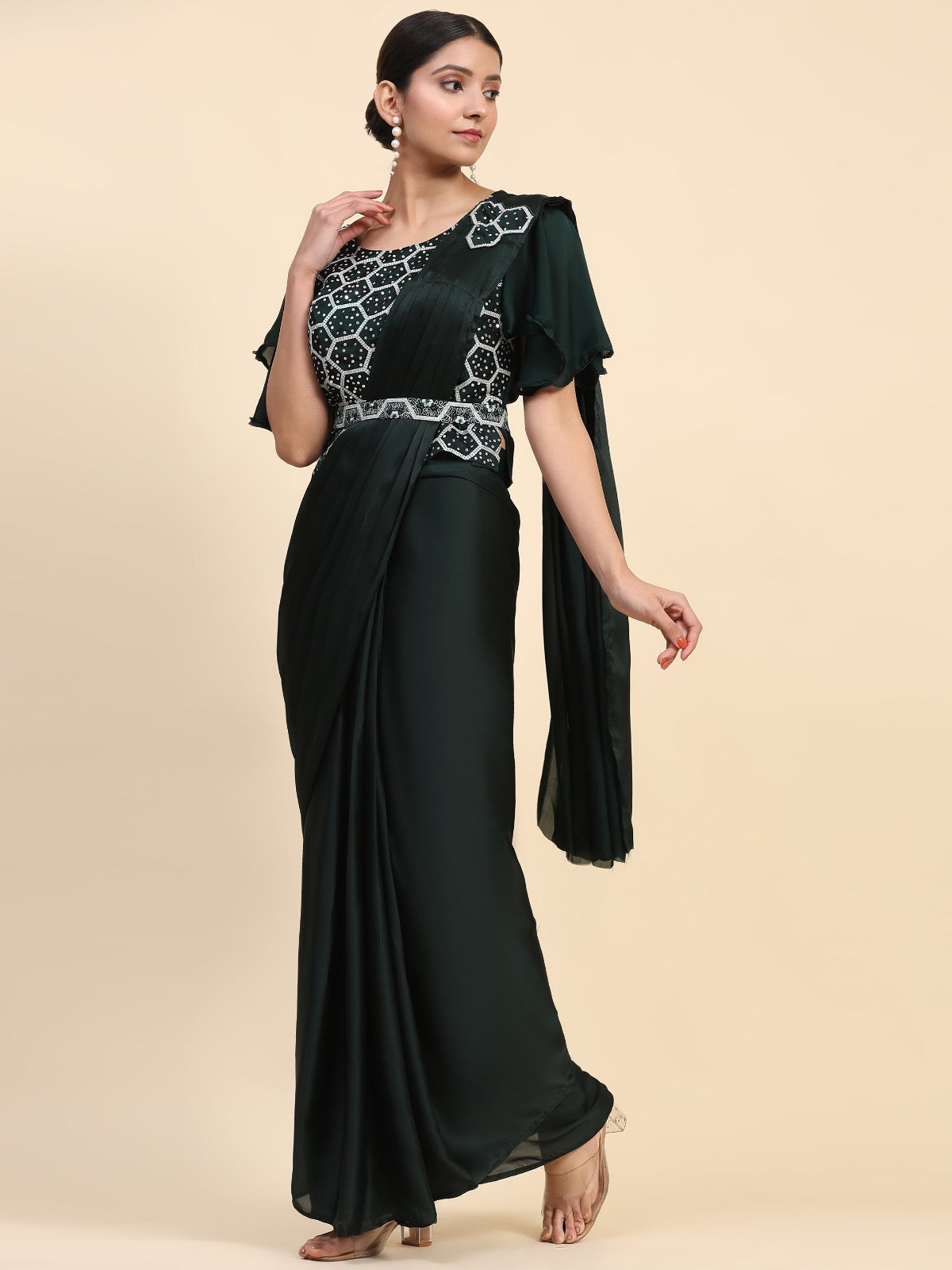 Ready-to-Wear Satin Saree with Embroidered Designer Blouse – Party and Festive Wear for Women size 36