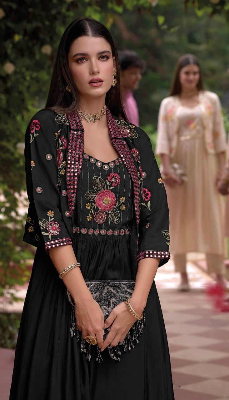 Pure Viscose Silk Gown Pant Set with Embroidered Organza Koti – Women’s Festive Ethnic Wear