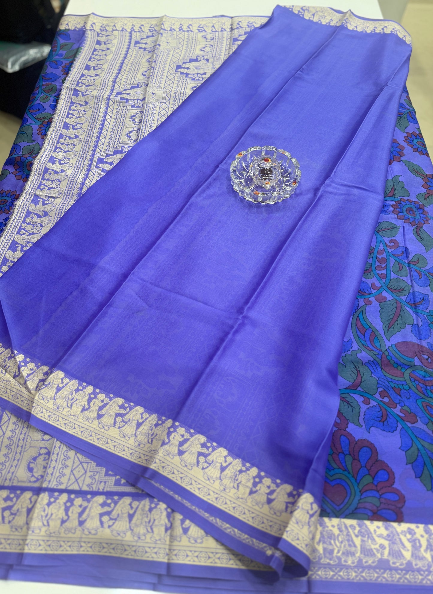 Pure Crepe Mysore Silk Saree for Women – Kalamkari Print with Kathan Border, 75 Gram, Silk Mark Certified