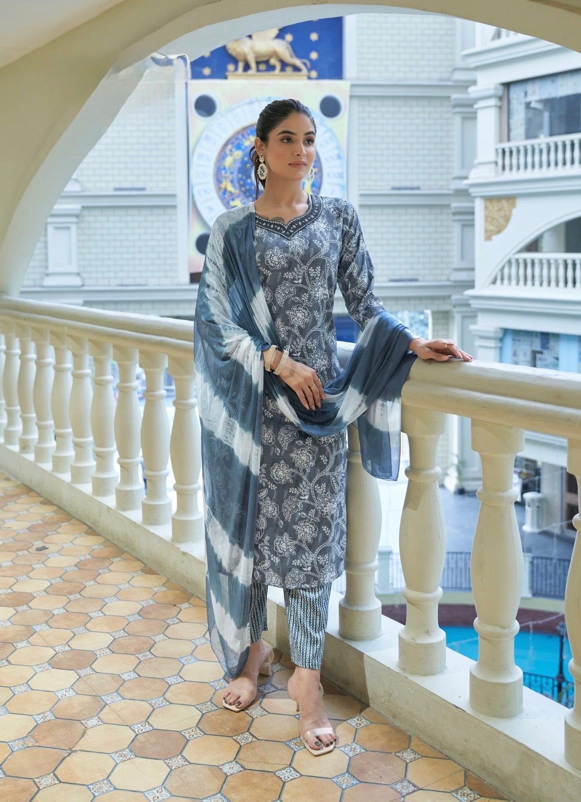 Bamboo Fabric Dobby Foil Print Straight Cut Kurta Pant Dupatta Set with Embroidery – Sizes XL to 3XL