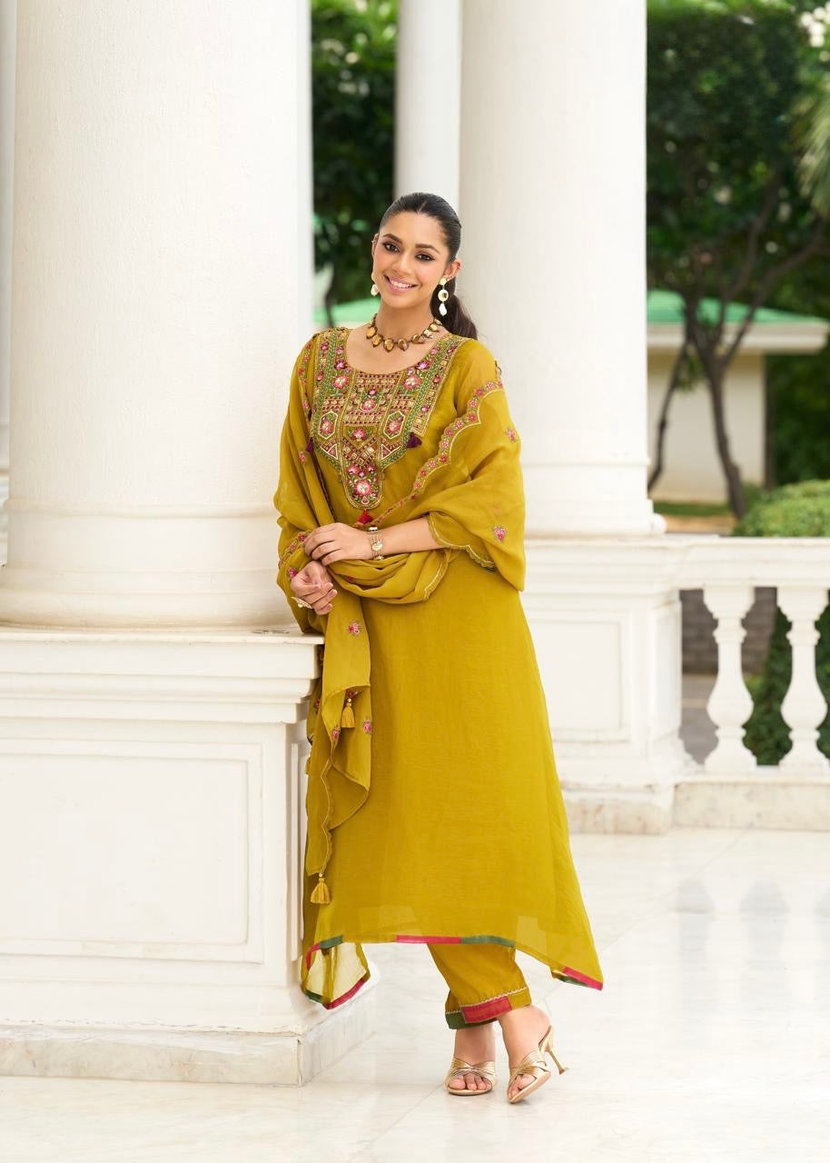 Organza Crush 3-Piece Suit Set with Embroidery, Handwork and Muslin Inner for Women