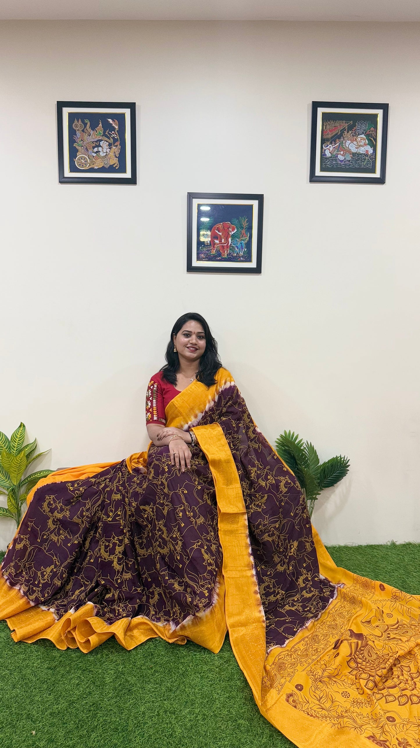 Chennuri Pure Silk Saree with Outline Kalamkari Design and Traditional Kanchi Borders