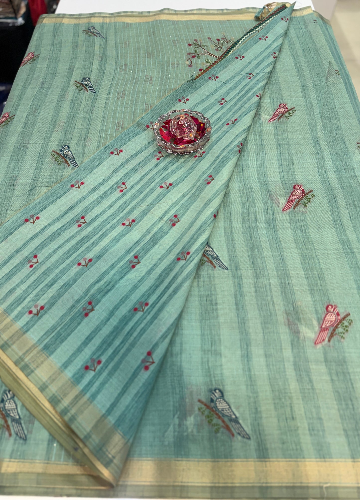 Ghicha cotton saree with bird motif pallu and tassel border, printed cotton saree for women