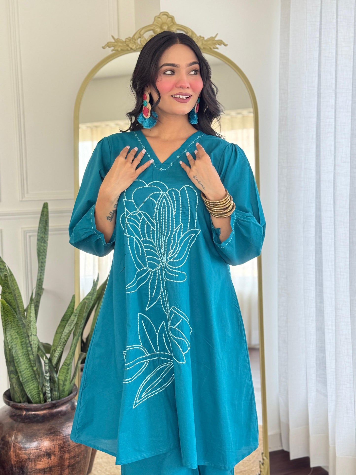 Pure Cotton Co-Ord Set with Elegant Embroidery – Ethnic Casual Wear for Women in Blue (M to XXL)