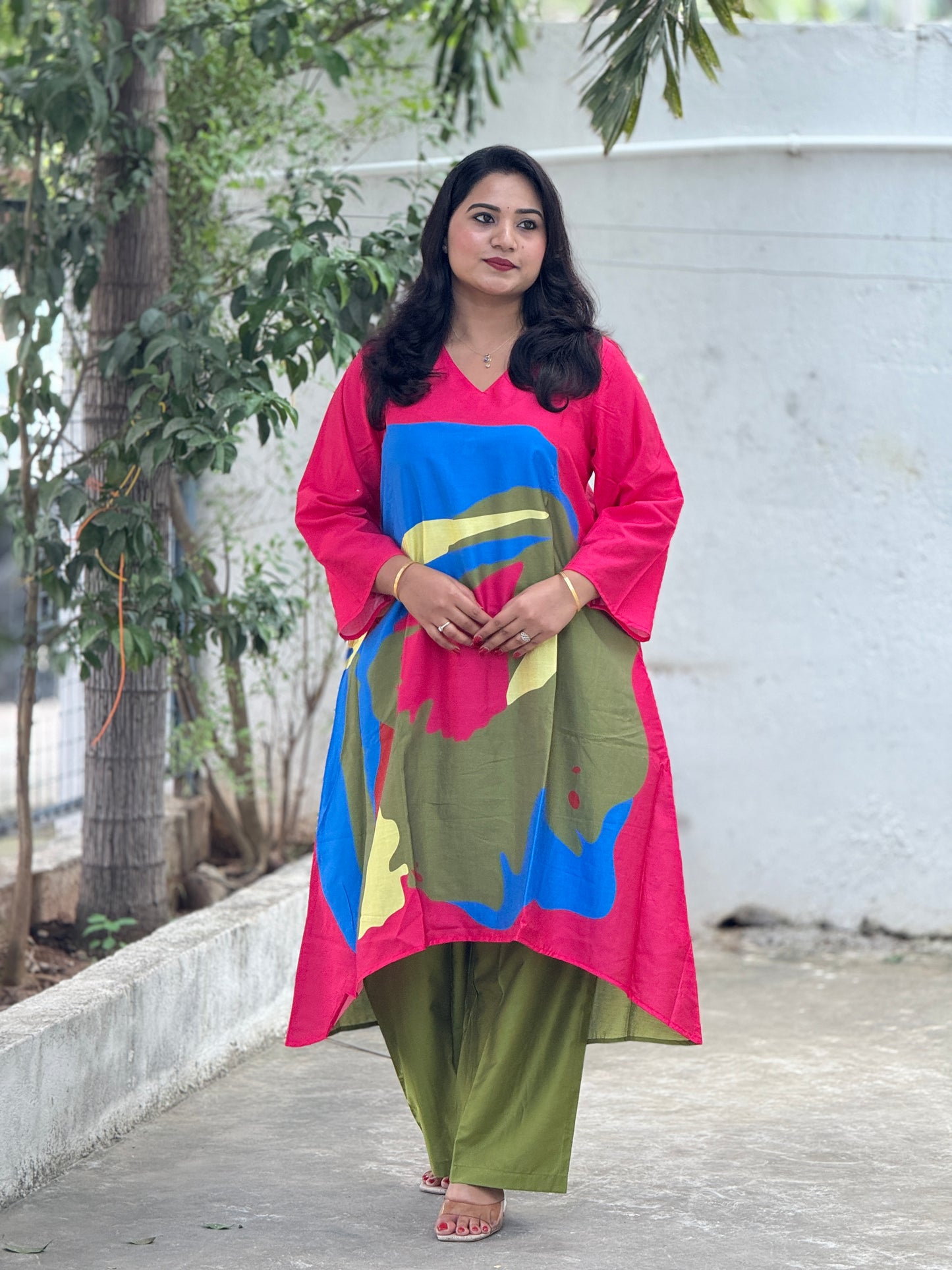 Printed Chanderi Co-ord Set with Asymmetrical Hemline – Women’s Festive Wear (Sizes 38–44)