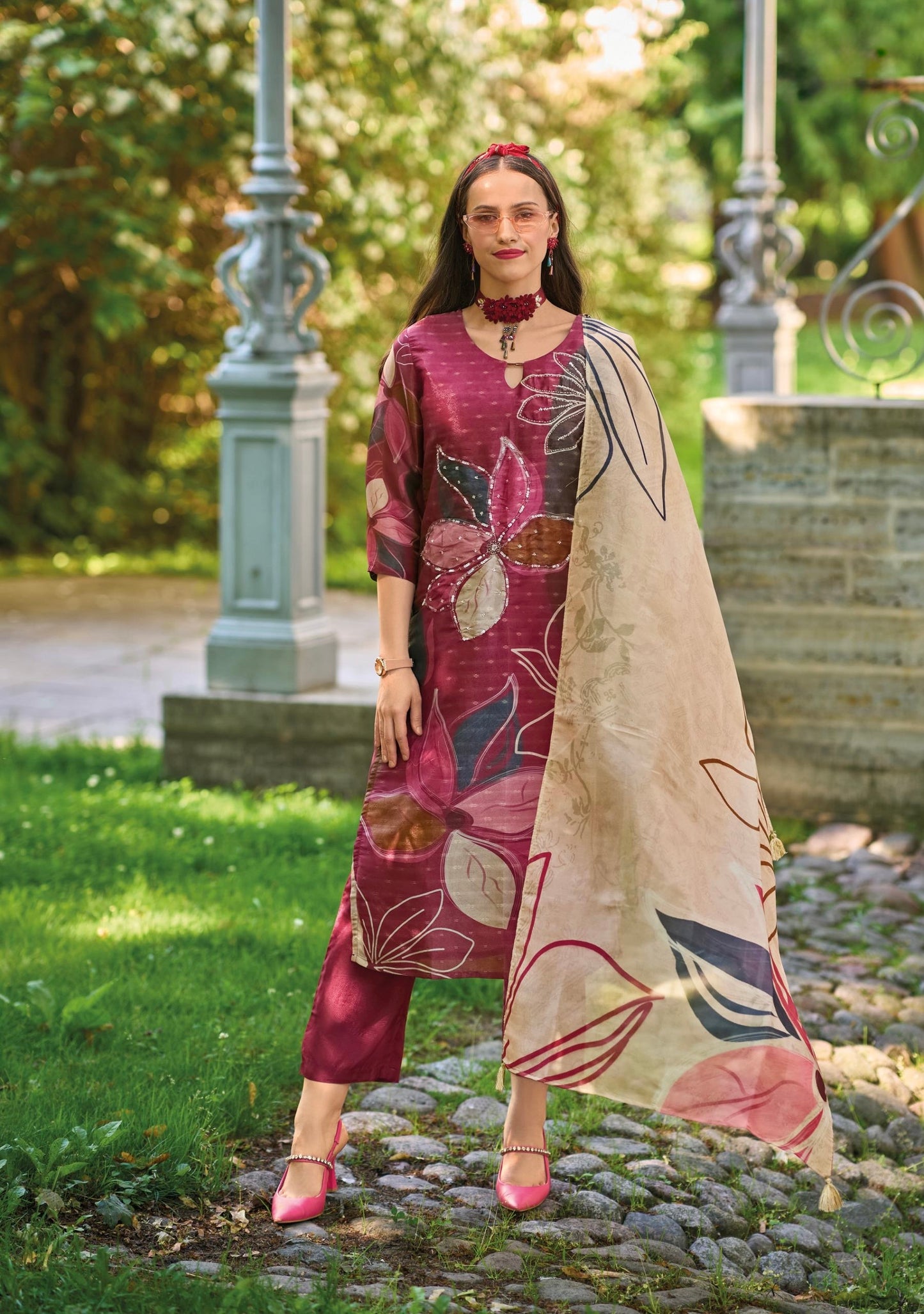 Jacquard Shimmer Kurta Pant Dupatta Set with Handwork and Digital Print Dupatta – L to 3XL