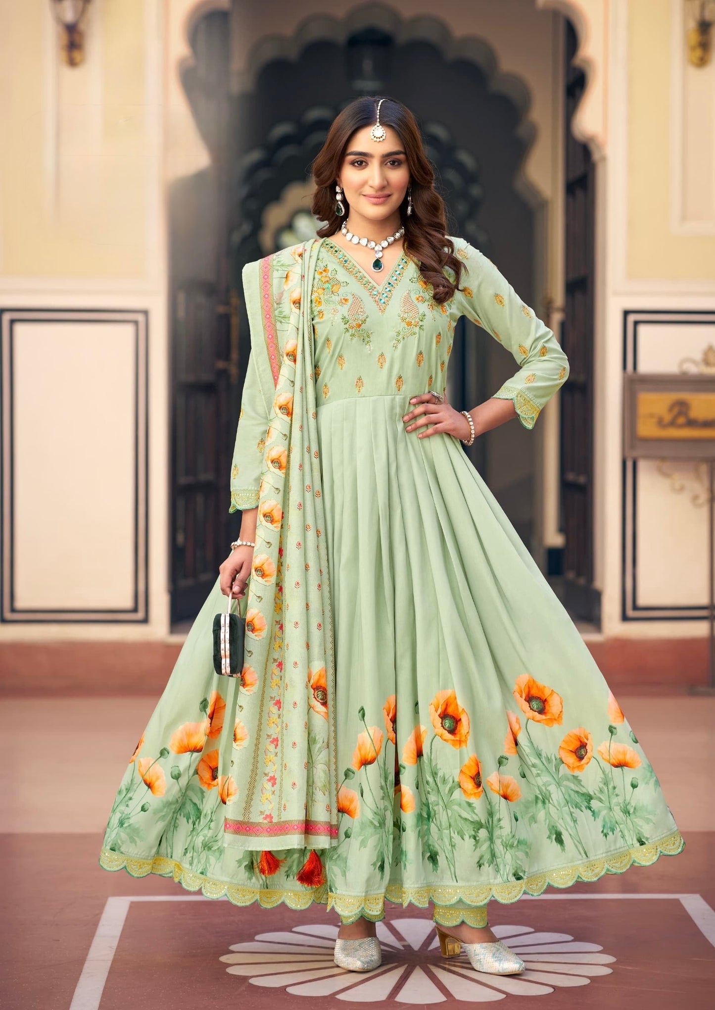 Muslin Digital Print Kurta Pant Dupatta Set with Khatli Mirror Handwork and Latkan Dupatta – L to 3XL