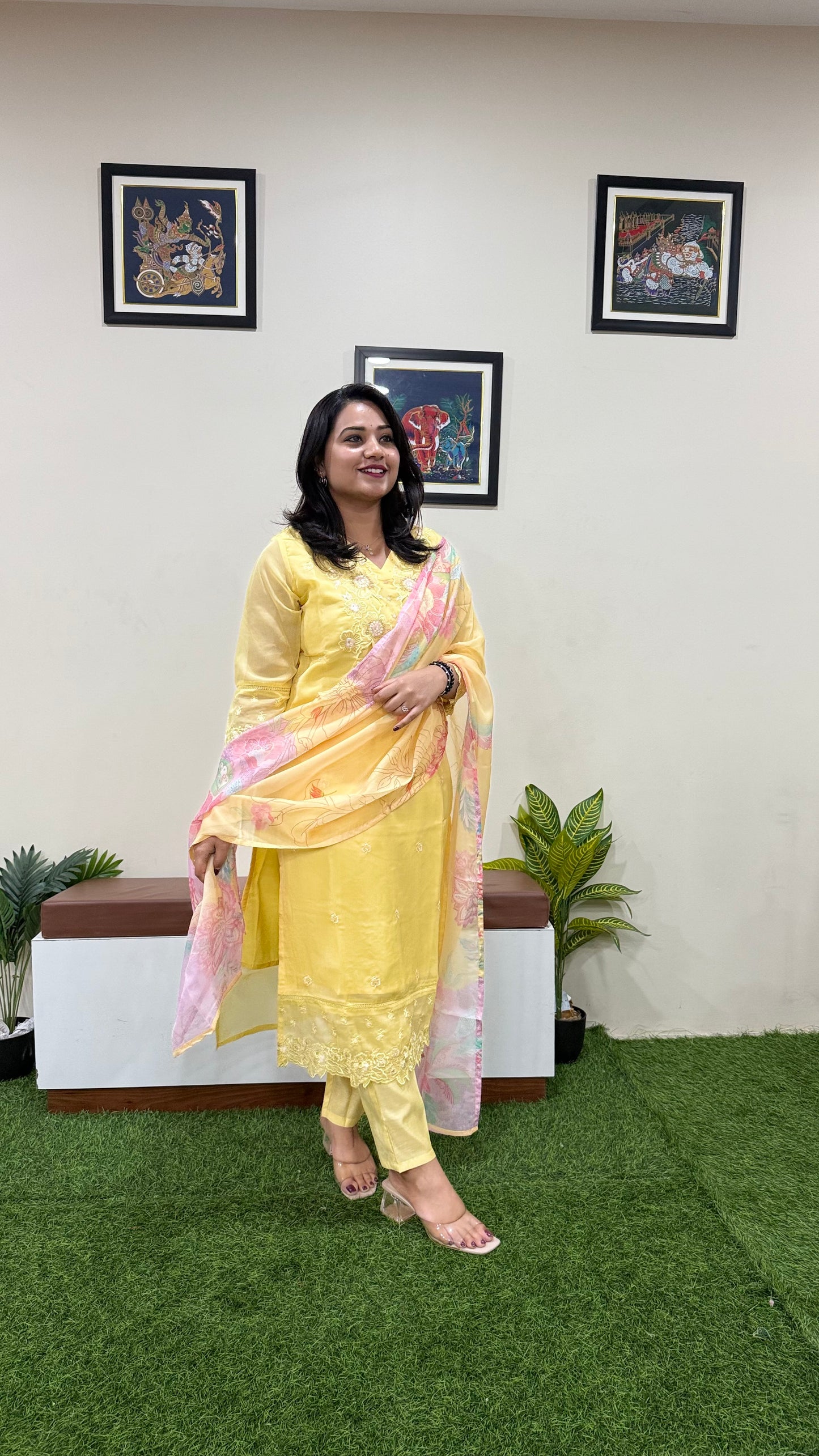 Women’s Organza Embroidered Suit Set with Viscose Silk Pant and Digital Print Dupatta – L to 3XL