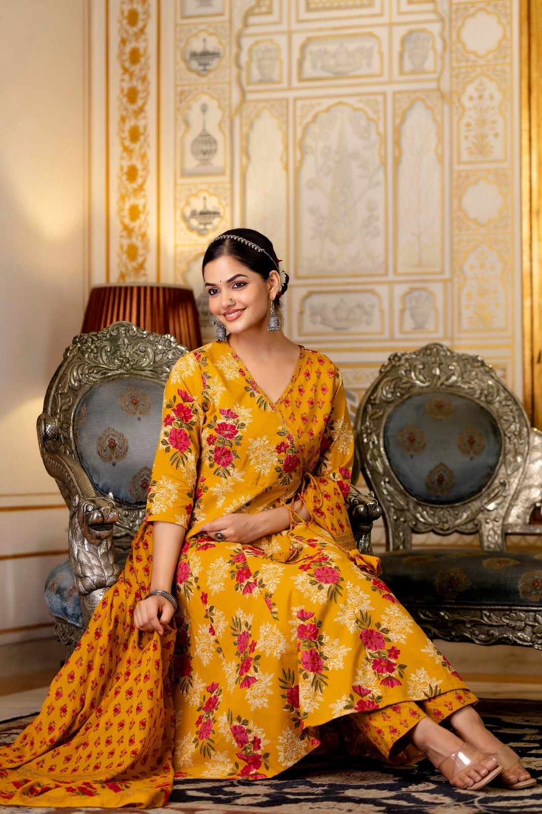 Women’s flared printed cotton kurta pant dupatta set with zari embroidery – festive ethnic wear