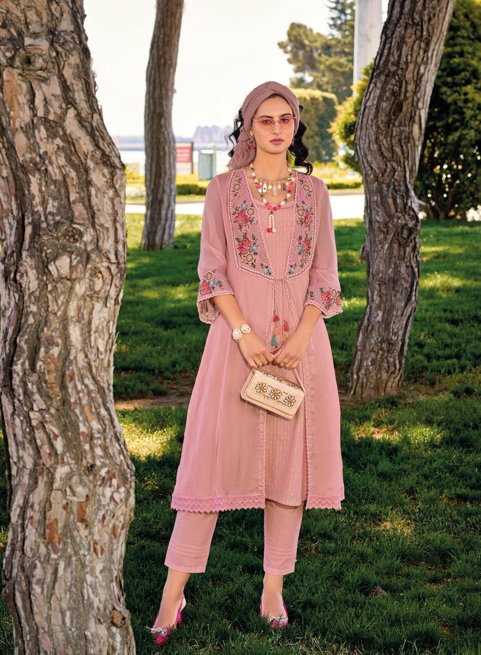 Pure Viscose Organza Silk Kurti Pant Set with Embroidered Organza Koti – Women’s Festive Ethnic Wear