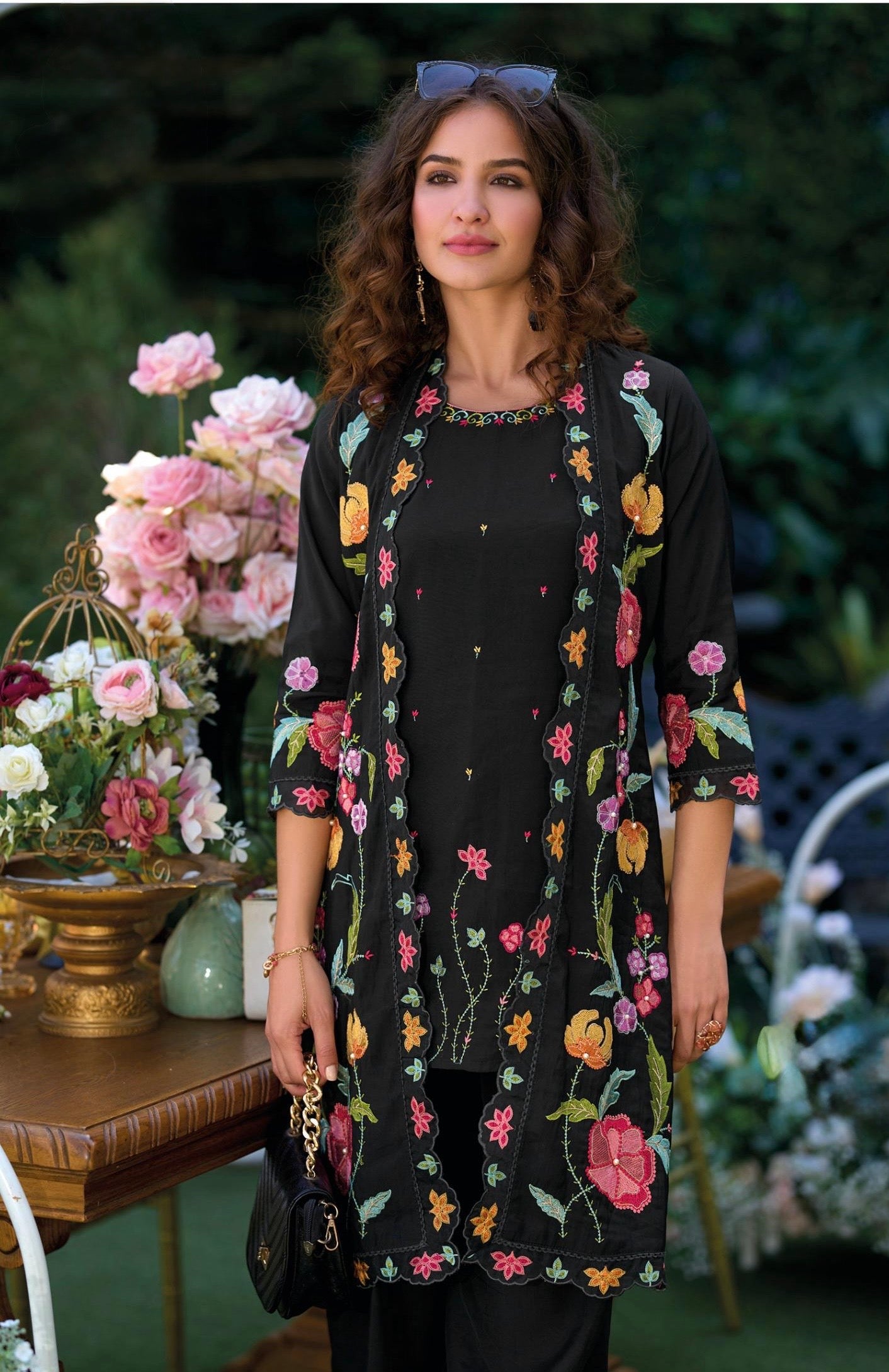 Viscose Organza 3-Piece Suit Set with Hand Embroidery and Silk Pants for Women