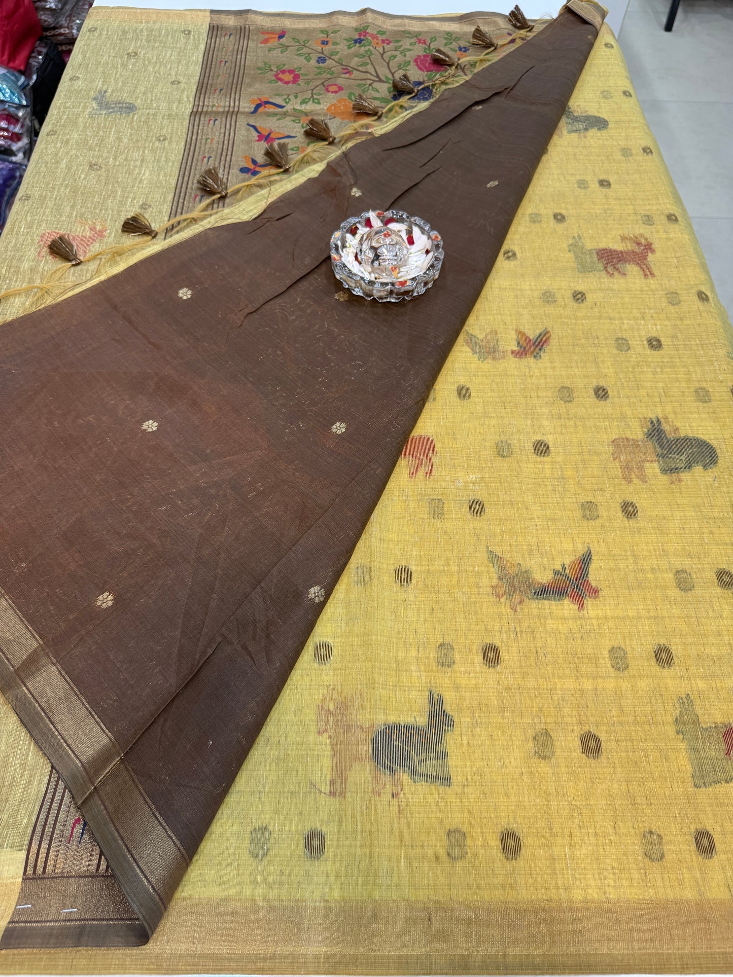 Linen Paithani style printed saree with floral tree border and tassel pallu, women’s festive daily wear saree