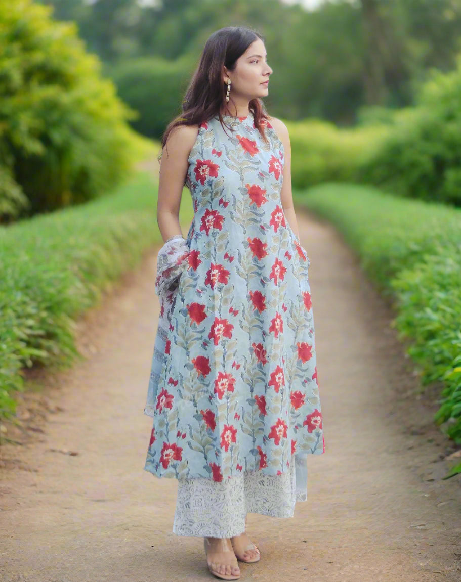 Pure Cotton Handblock A-Line Kurti Palazzo Dupatta Set with Halter Neck for Women