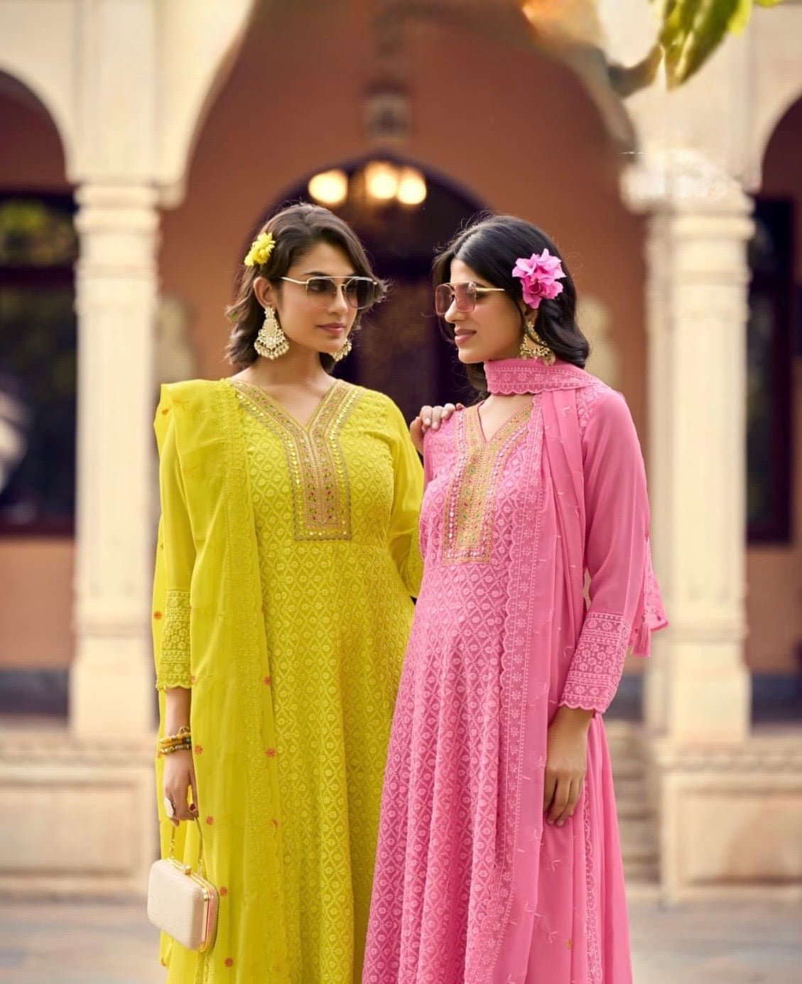 Georgette Anarkali Kurta Pant Dupatta Set with Embroidery and Khatli Mirror Work – L to 2XL