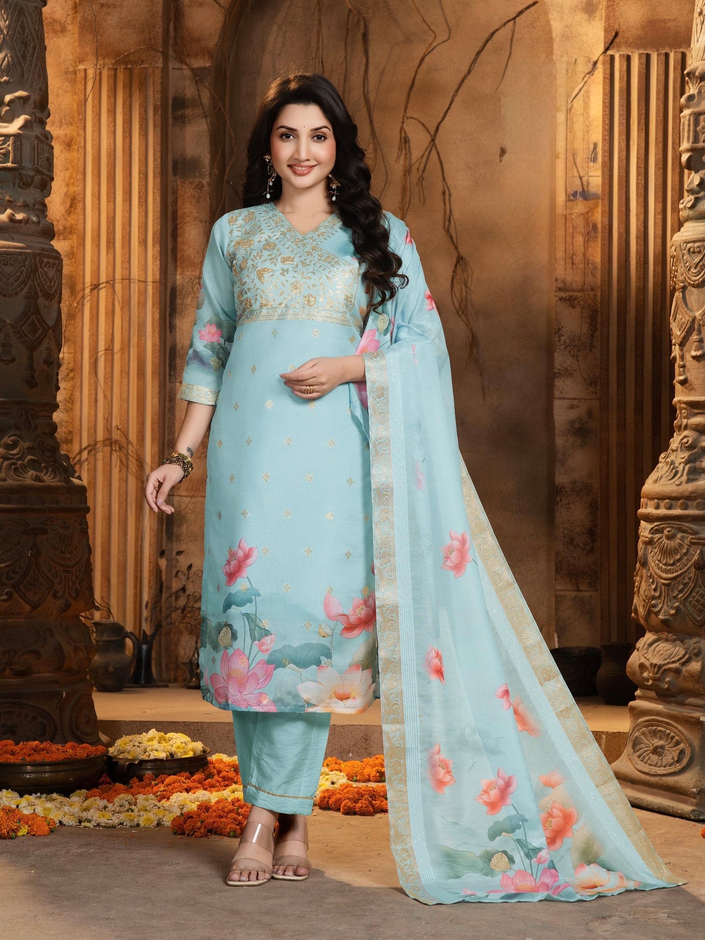 Chanderi Jacquard Straight Kurta Pant Set with Digital Print Dupatta – Women’s Ethnic Wear