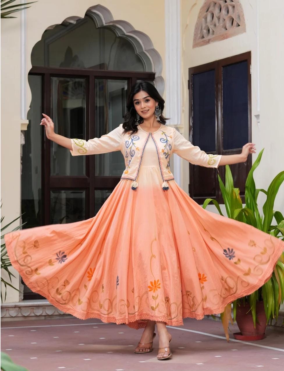 Premium Hand Printed Cotton Mulmul Ombre Gown with Embroidered Jacket