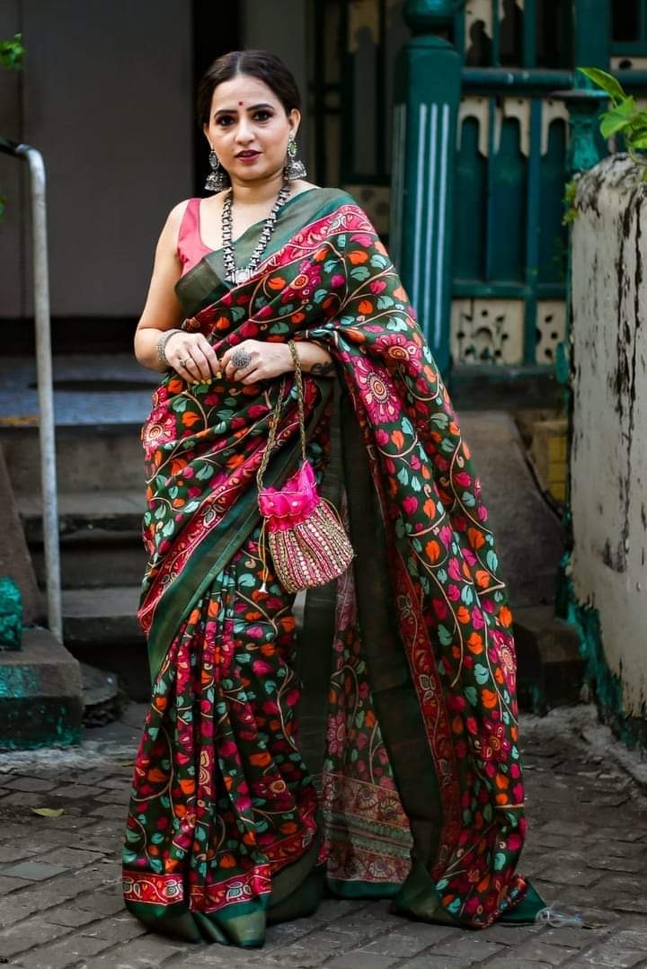 Tussar Munga Silk Saree with Hand-Painted Like Kalamkari Design – Silkmark Certified