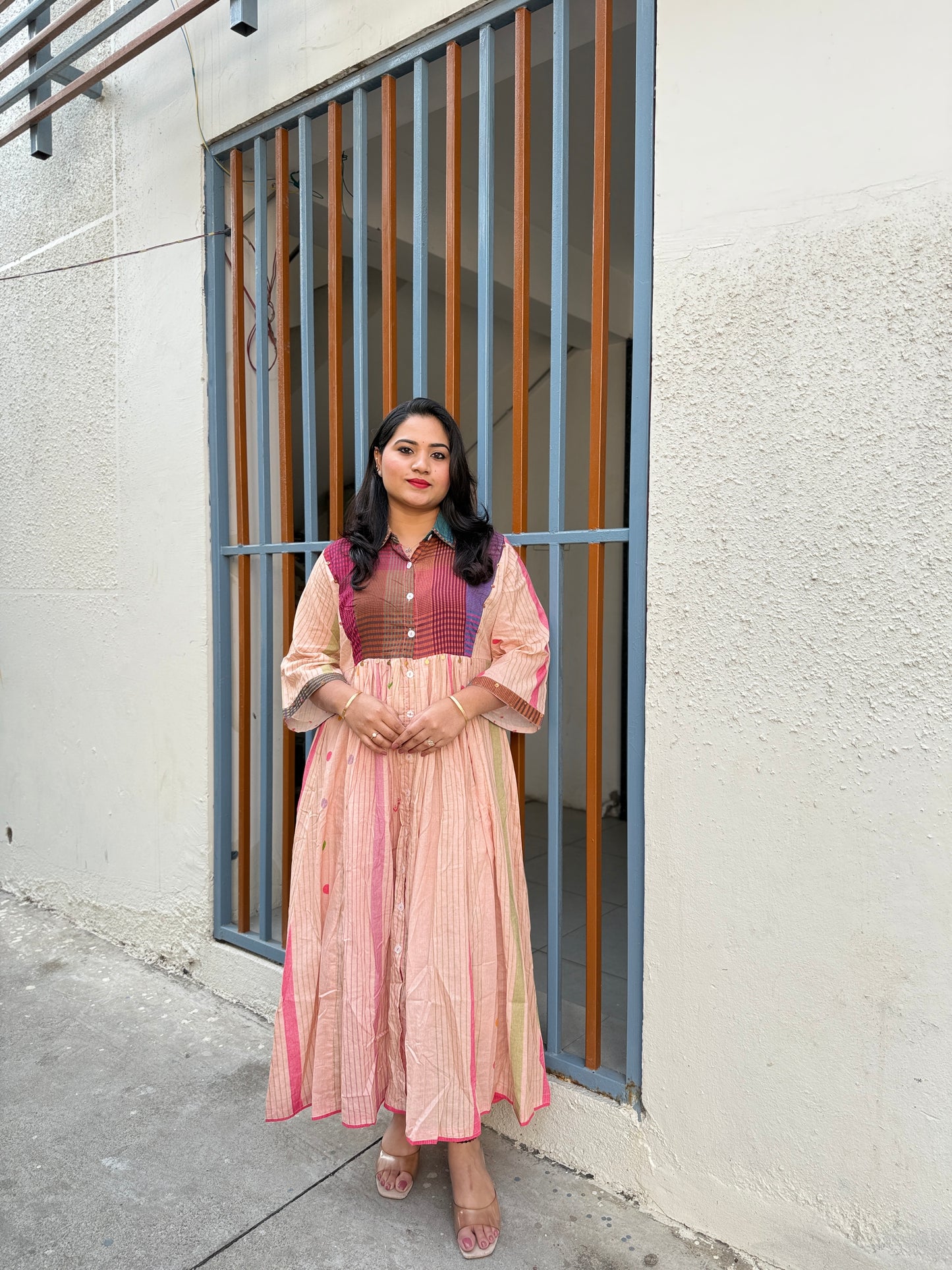 Pastel Panelled Cotton Dress with Checkered Yoke and Hand-Embroidered Motifs – Women’s Full Sleeve Casual Wear