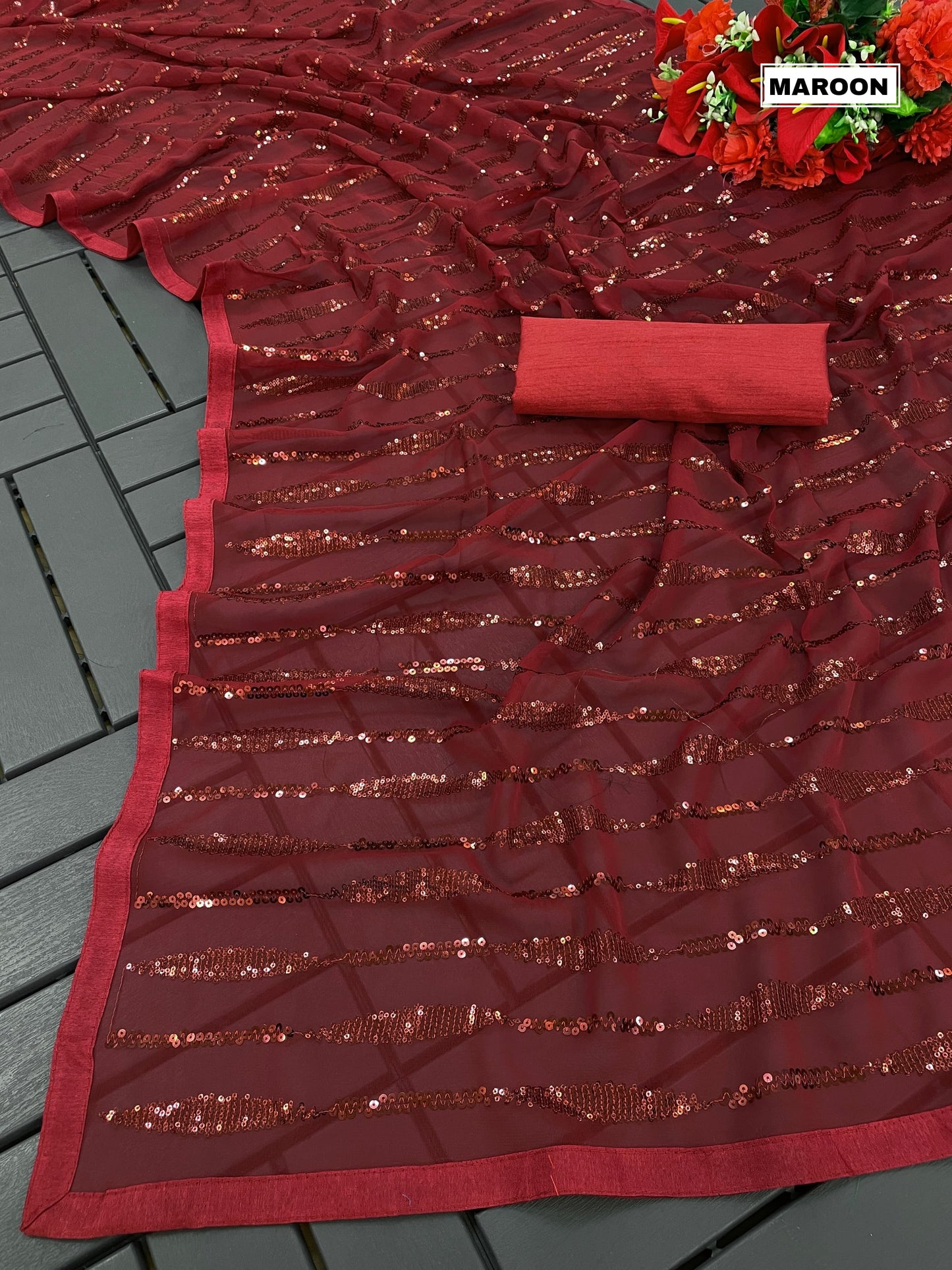 Heavy Georgette Sequins Saree with Dual Sequins Embroidery and Banglori Silk Blouse – Festive Wear